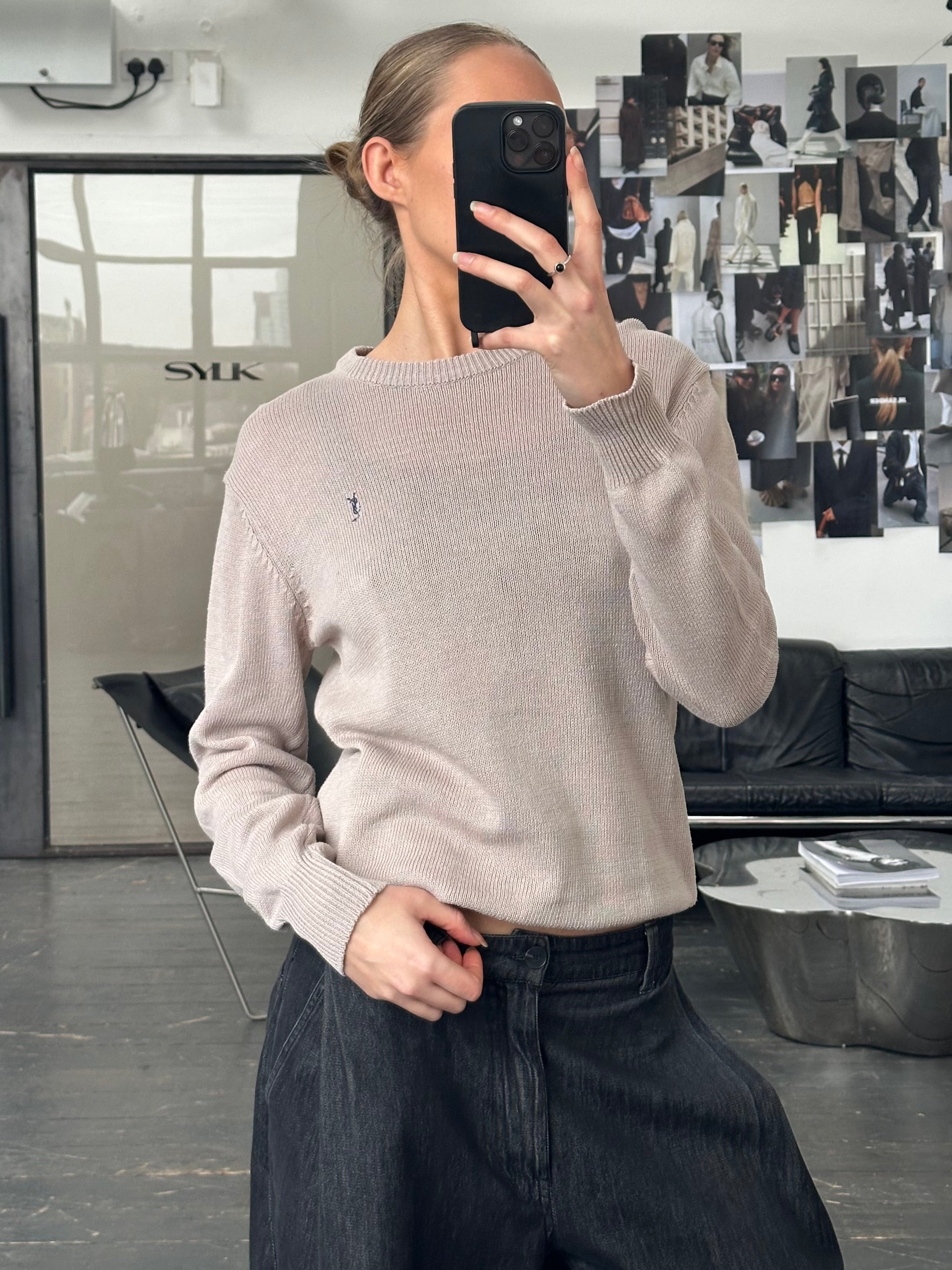 Yves Saint Laurent 1990s cotton knitted jumper in white, featuring classic crew neck and ribbed cuffs, size small.