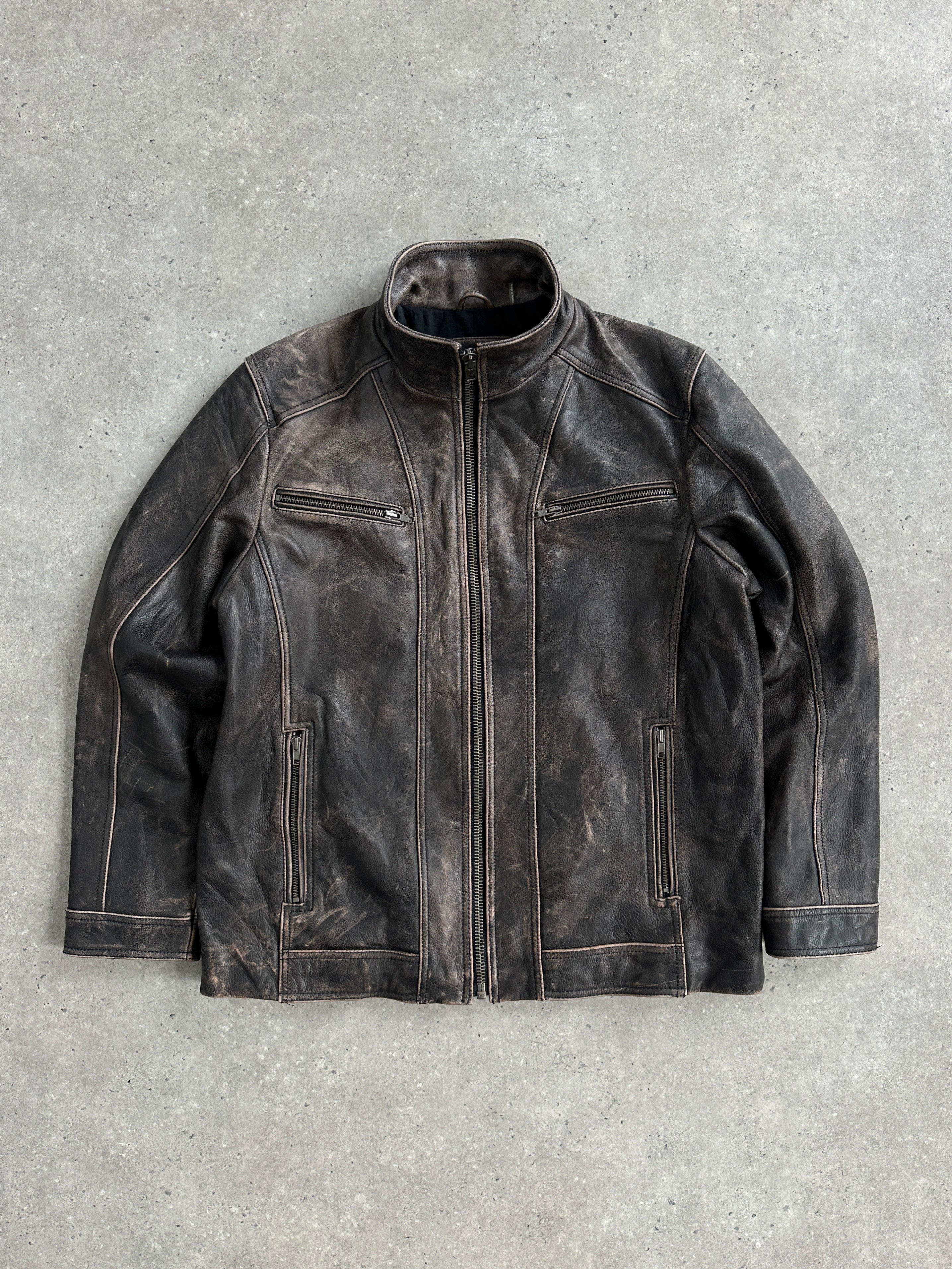Vintage 2000s distressed high neck leather jacket in XL, showcasing rugged leather and high collar detail.