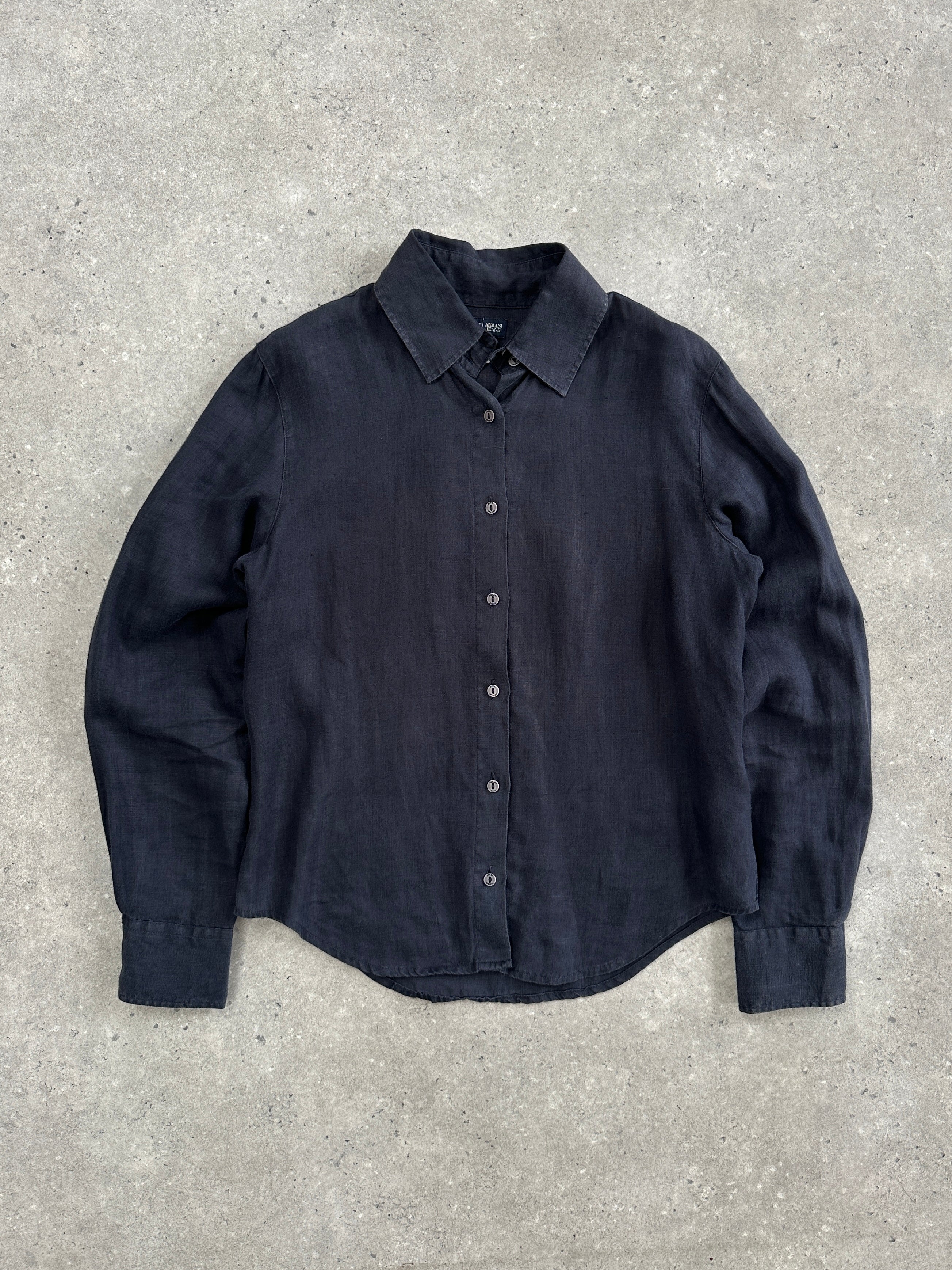 Armani Jeans 2000s pure linen shirt in size M, light beige color, with long sleeves and classic collar, displayed on a hanger.
