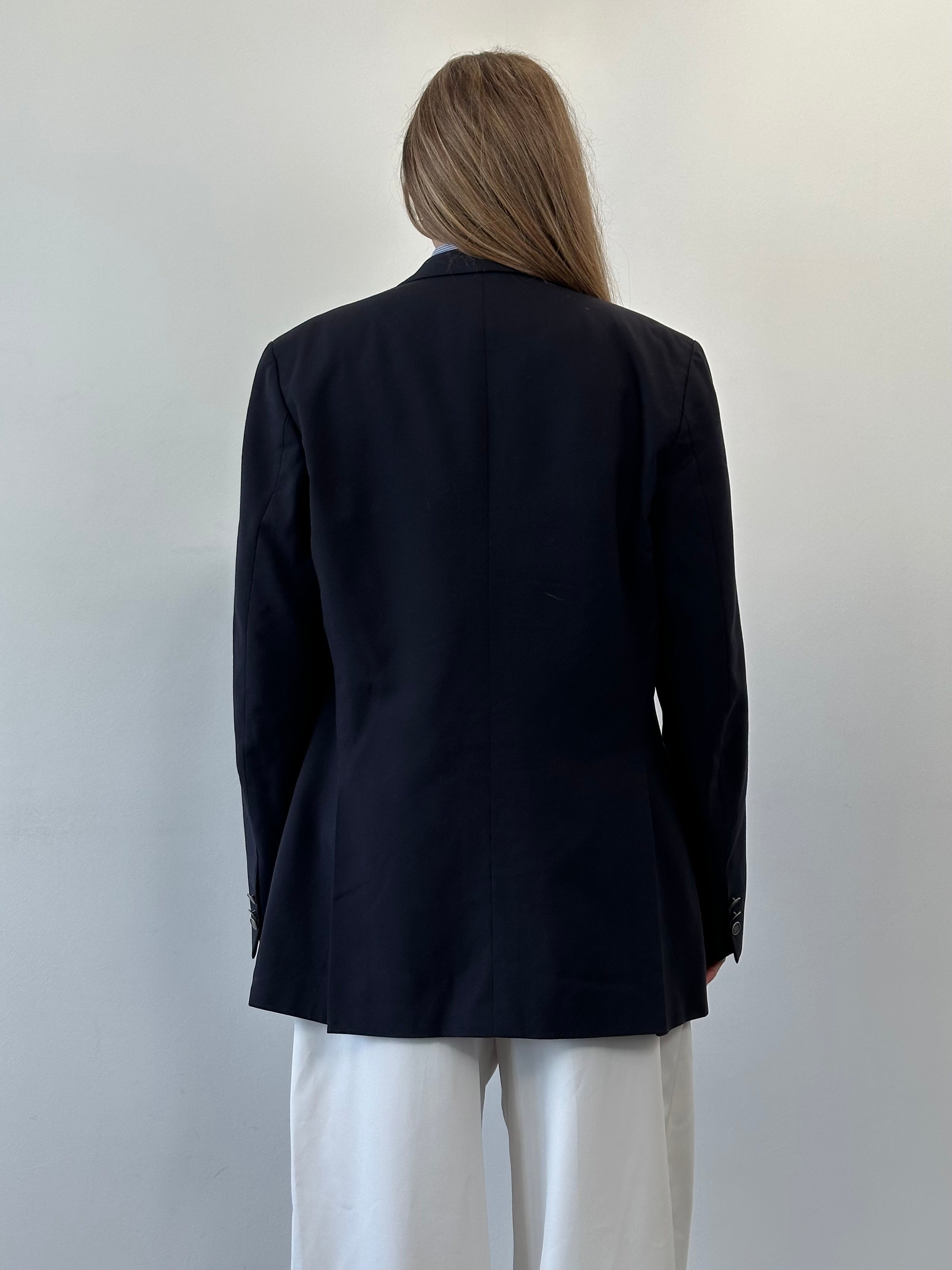 Burberry wool bespoke double-breasted blazer in size 44R/XL, tailored fit with classic button details and stylish lapel.