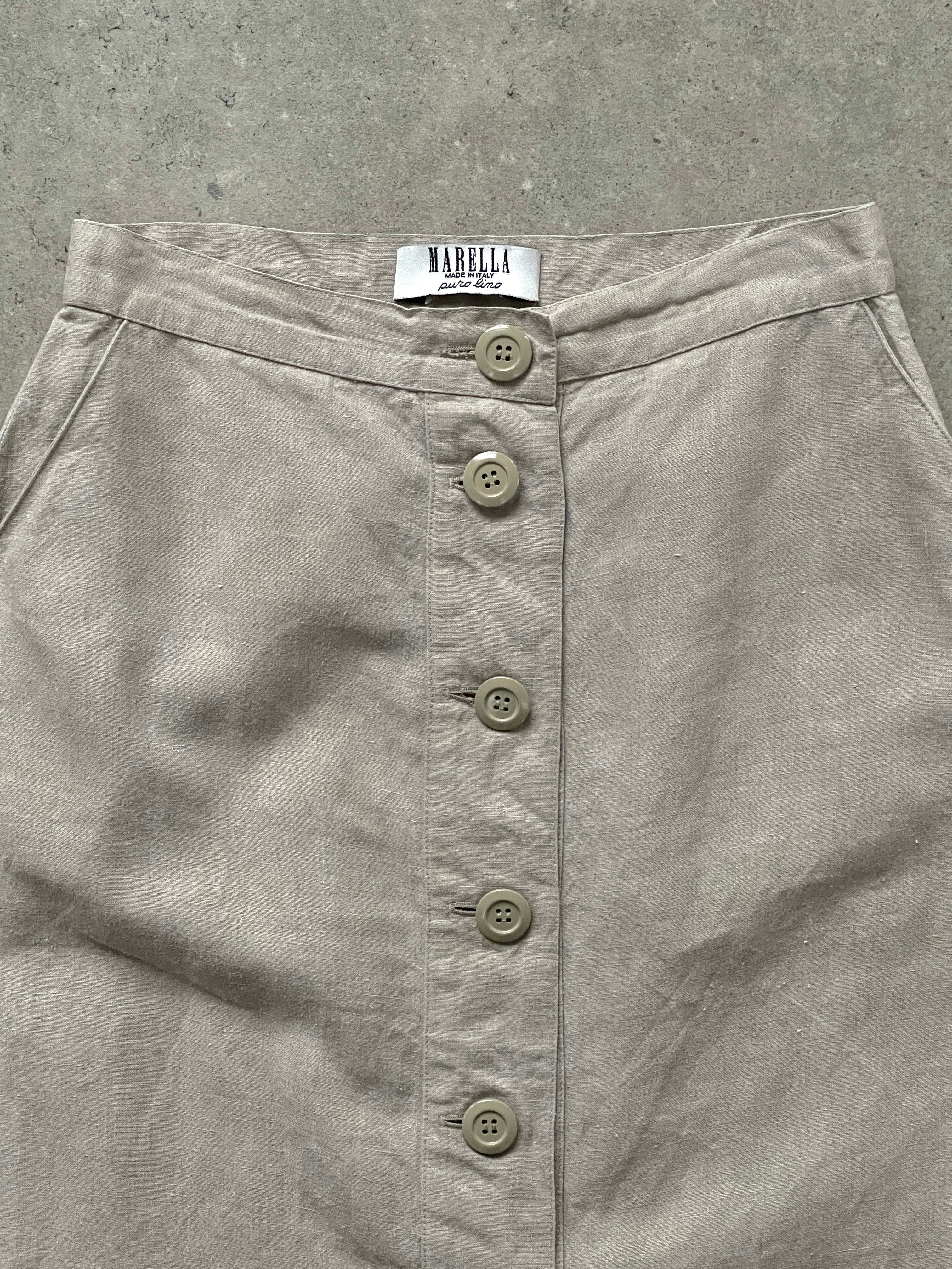 Marella 1990s pure linen midi skirt in W26, shown in natural linen fabric with a flowing, mid-length design.