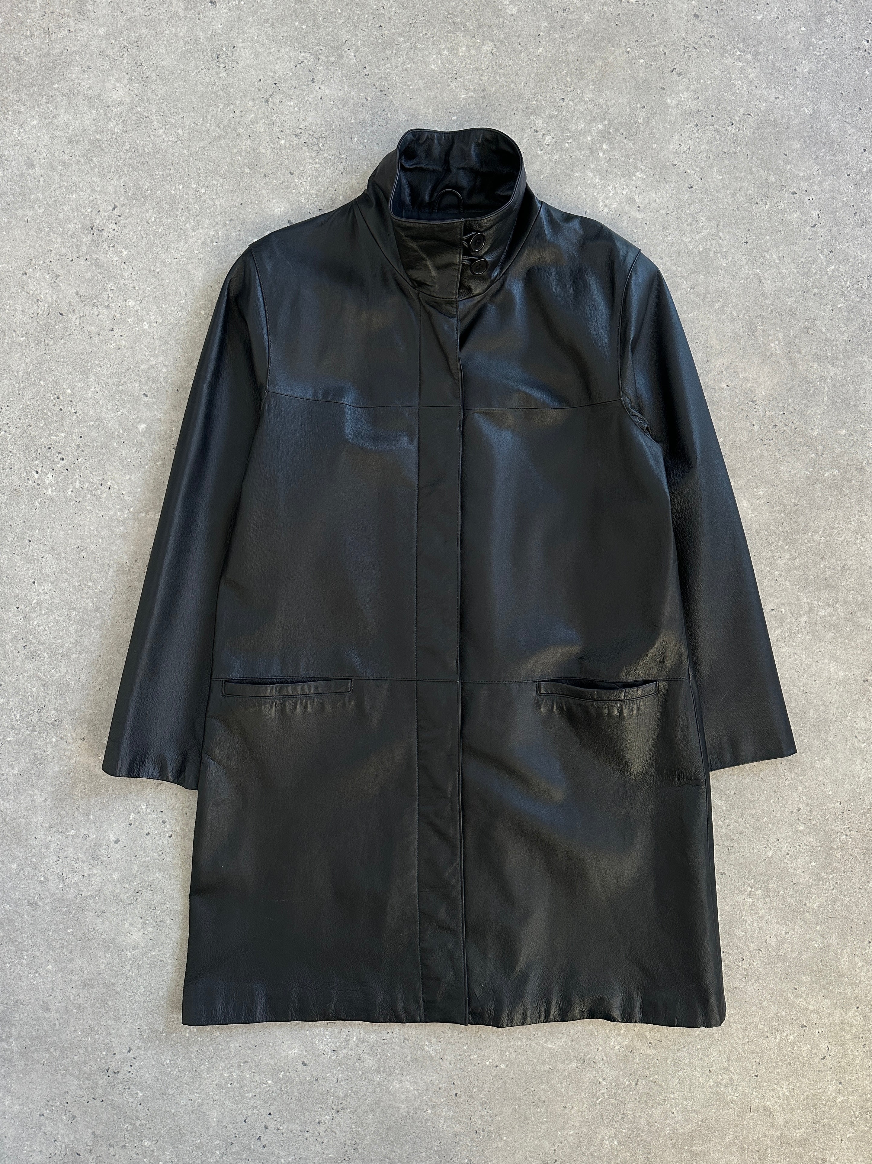 Vintage 2000s High Neck Leather Trench Coat - M - SYLK
