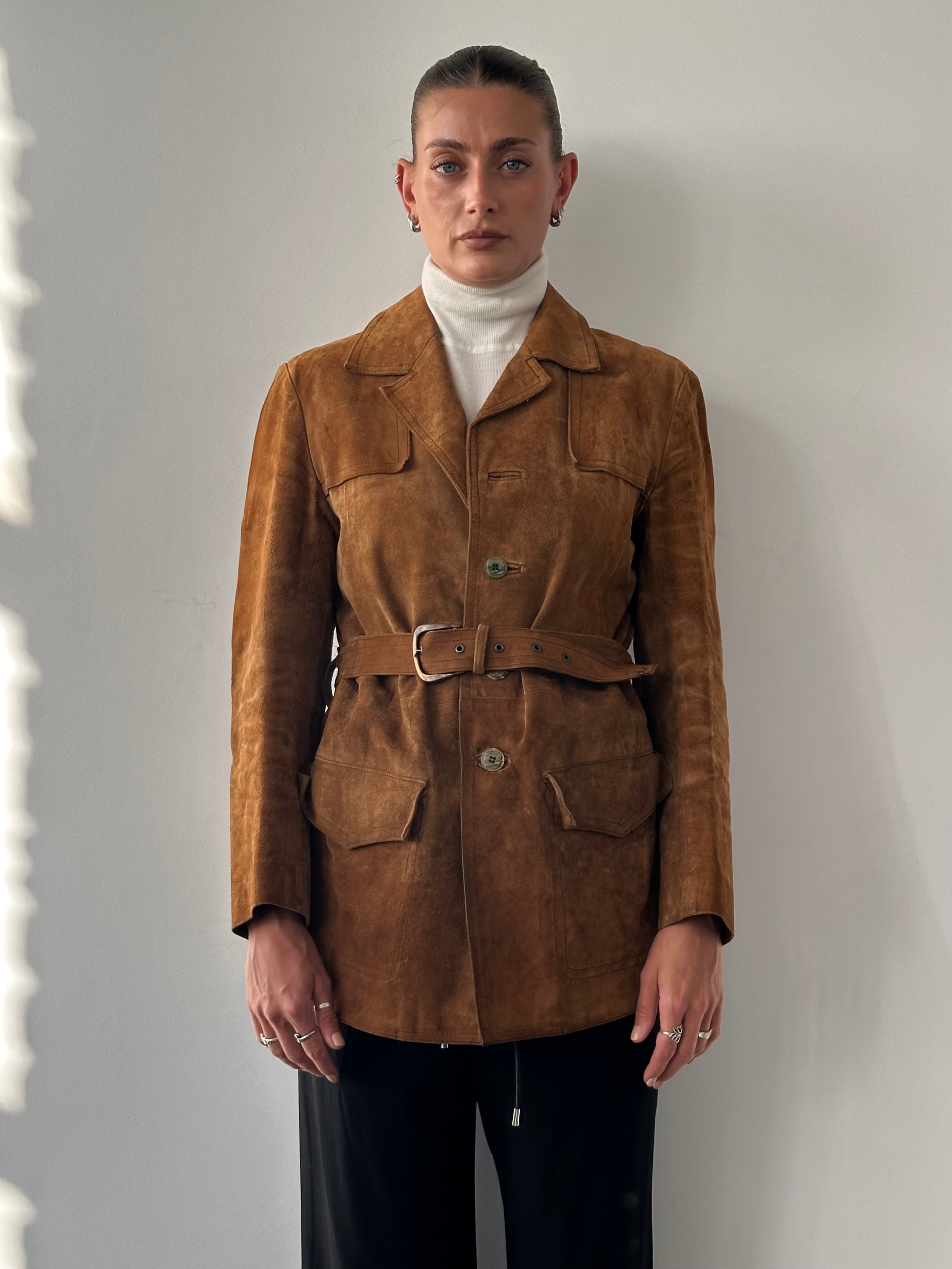 Vintage leather jacket with suede finish and belted waist, size M/L, stylish and classic outerwear piece.