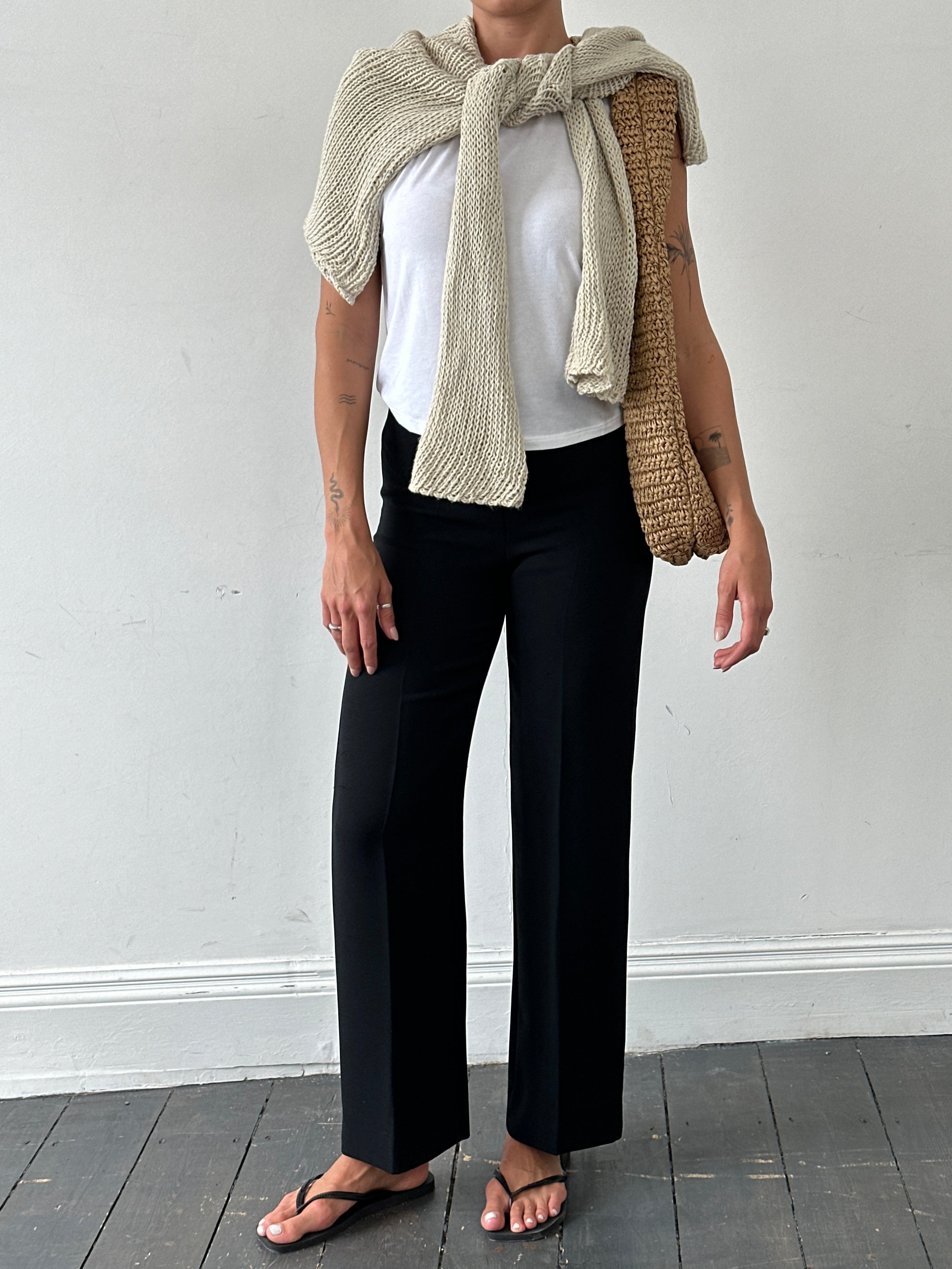 Marella minimal straight-leg mid-waist trousers in black, designed for a sleek, tailored look. W26 size.