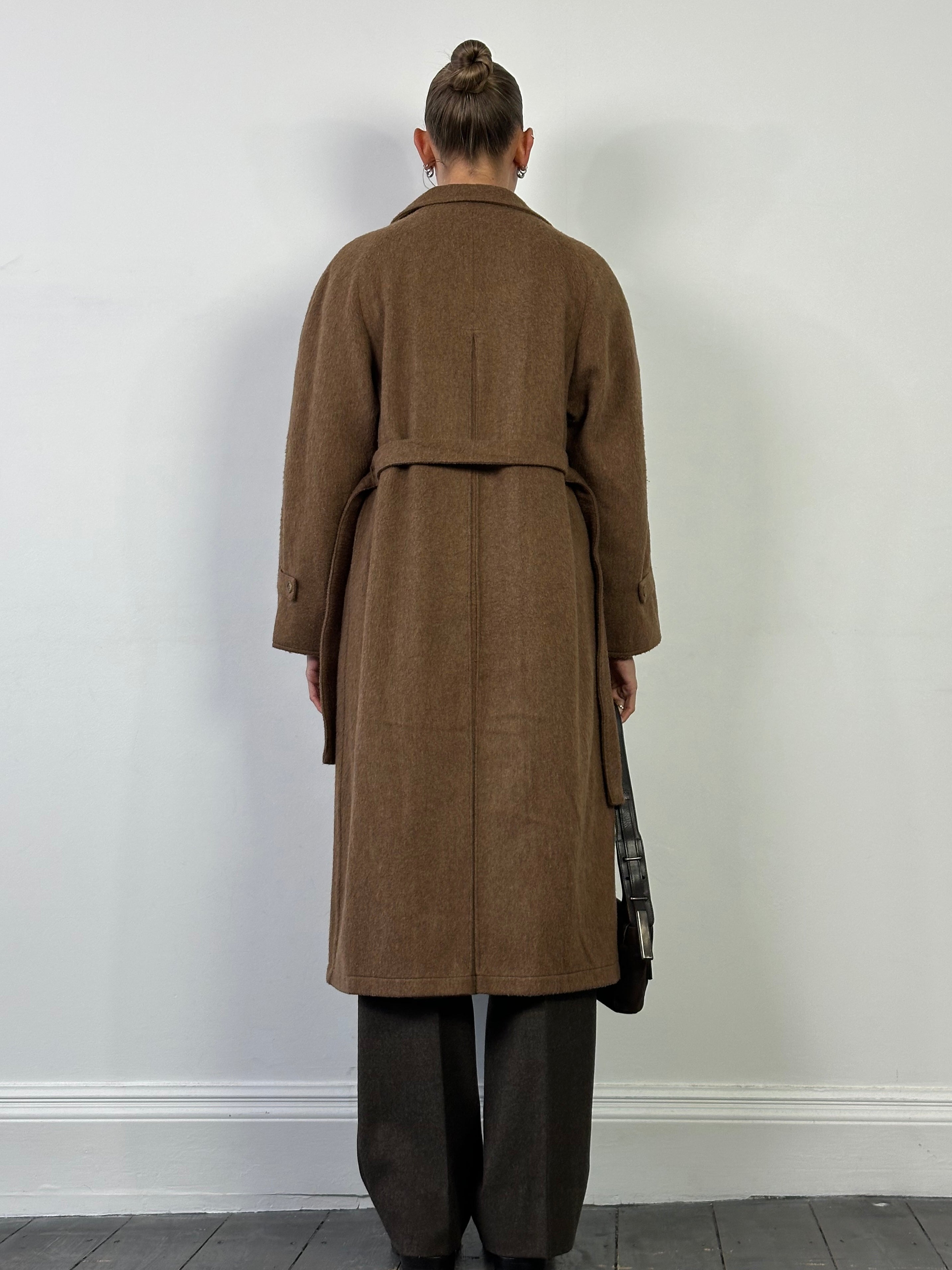 Marella 90s brushed wool belted coat in beige, single-breasted with collar and patch pockets, displayed on a hanger.
