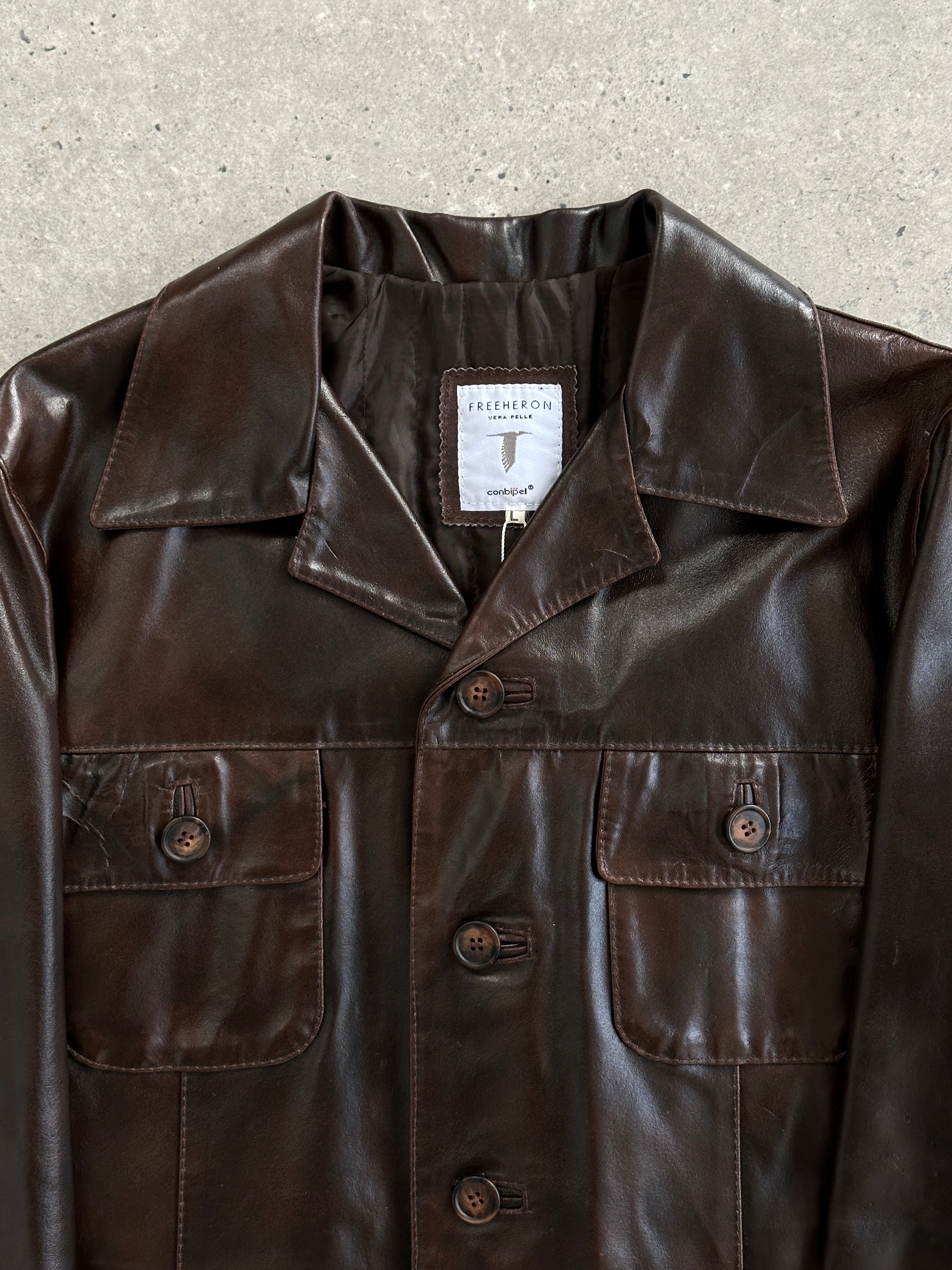 Conbipel boxy leather jacket in size L, stylish black jacket with a modern fit and classic leather texture.