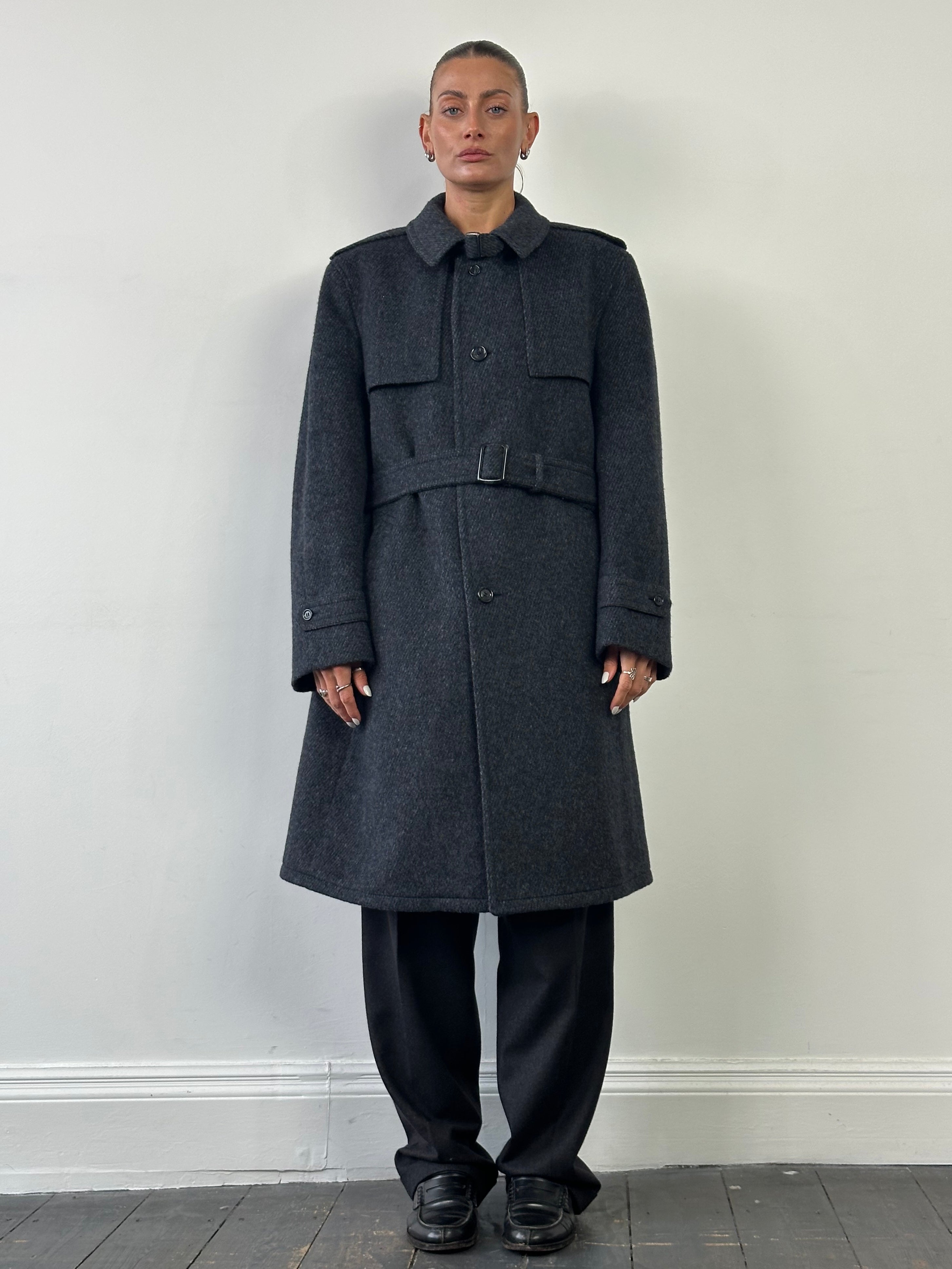 Vintage 1990s pure brushed wool high neck belted coat in XL, showcasing its classic design and textured fabric.