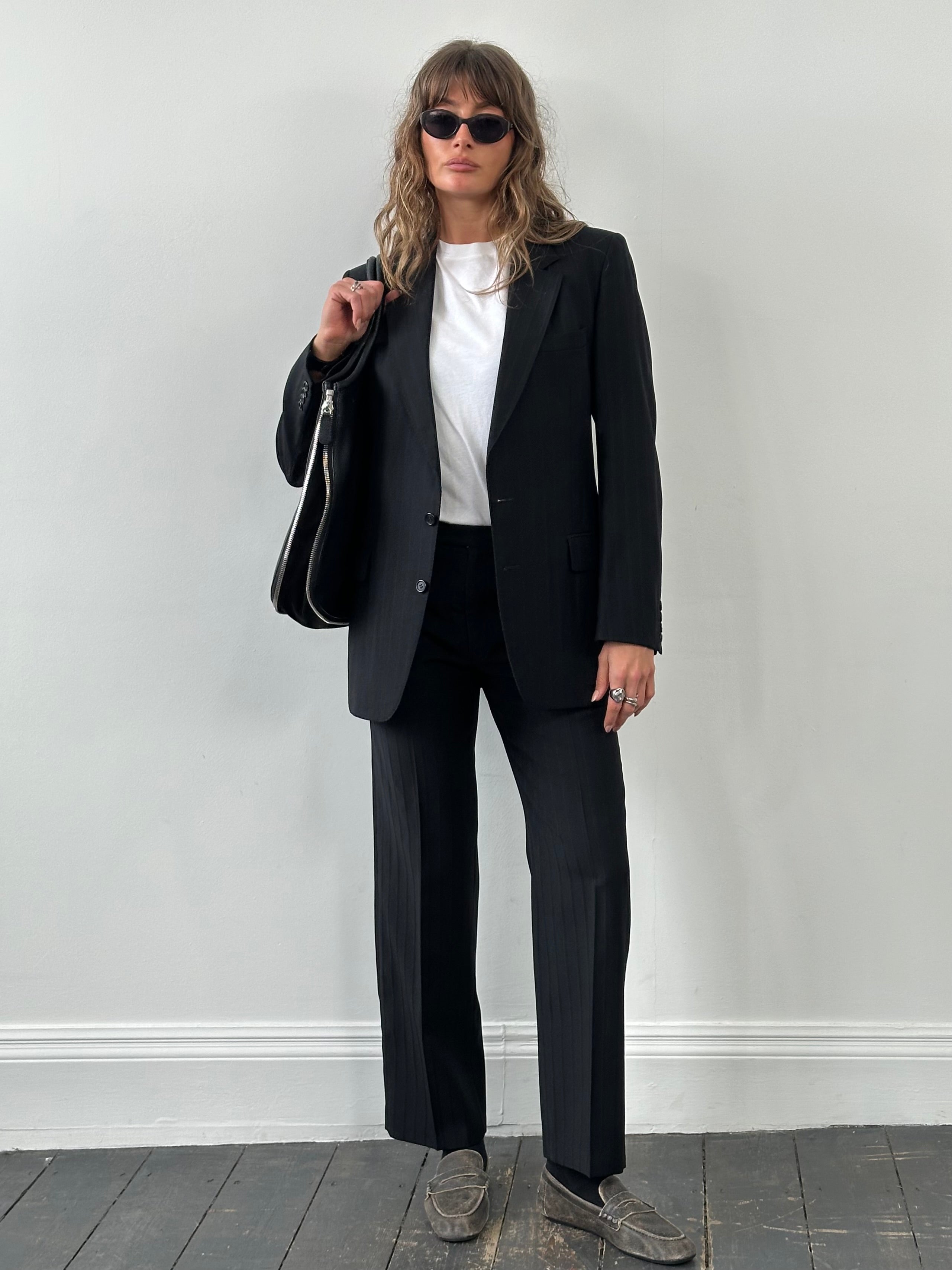 Christian Dior 1990s pure wool striped single-breasted suit, size 38R/W30, featuring tailored lapels and classic fit.