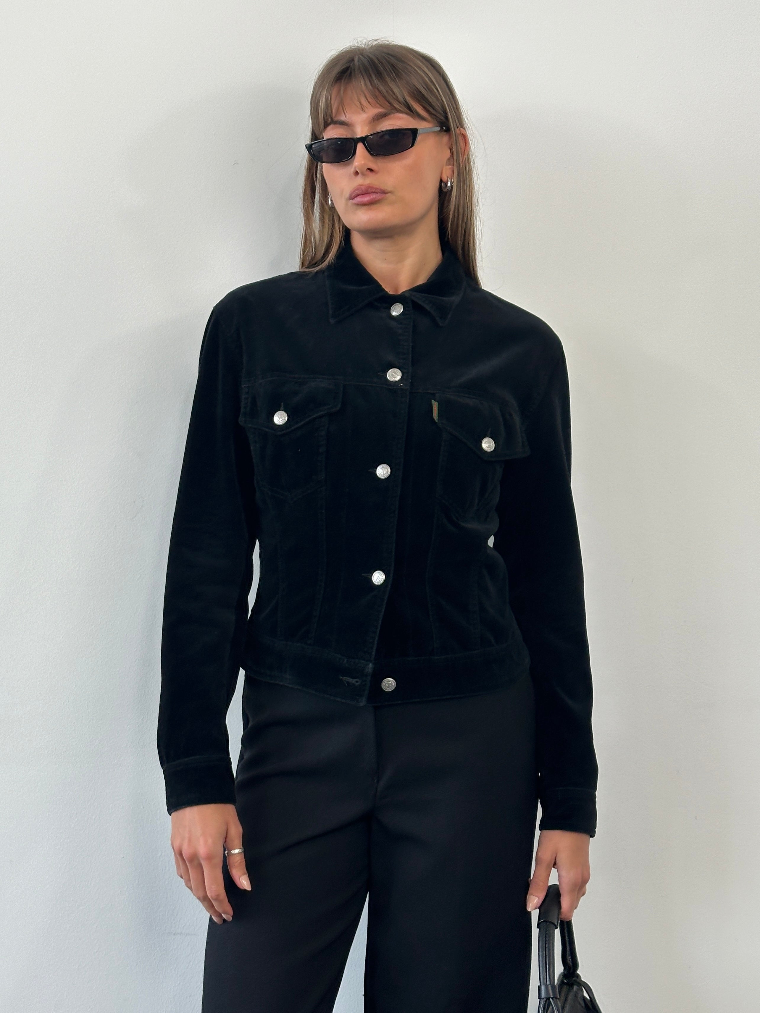 Katharine Hamnett 1990s pure cotton jacket in black, featuring a classic casual design with button front and collar.