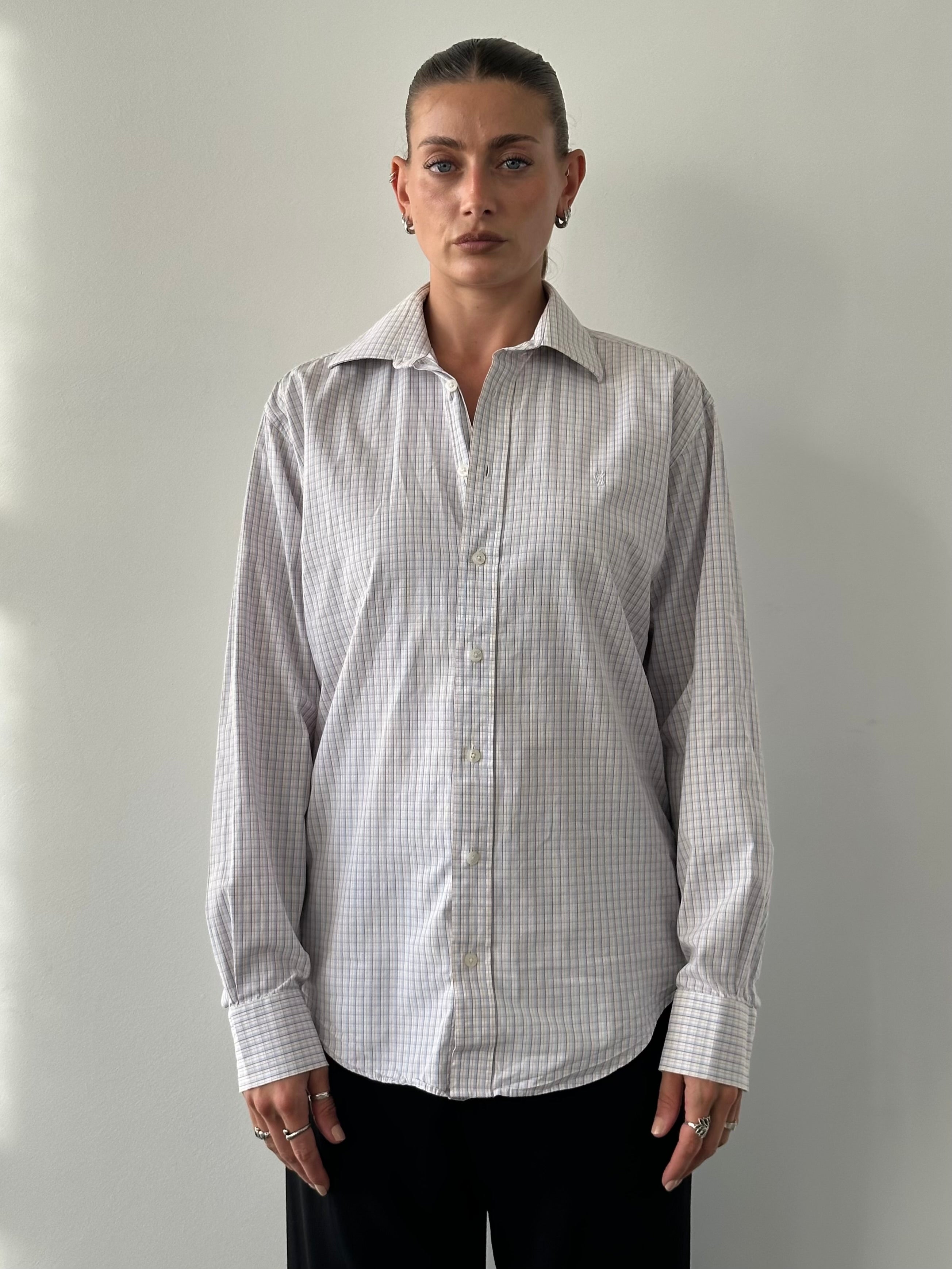 Yves Saint Laurent Pour Homme check pure cotton logo shirt in size L, featuring a classic pattern and visible brand logo.