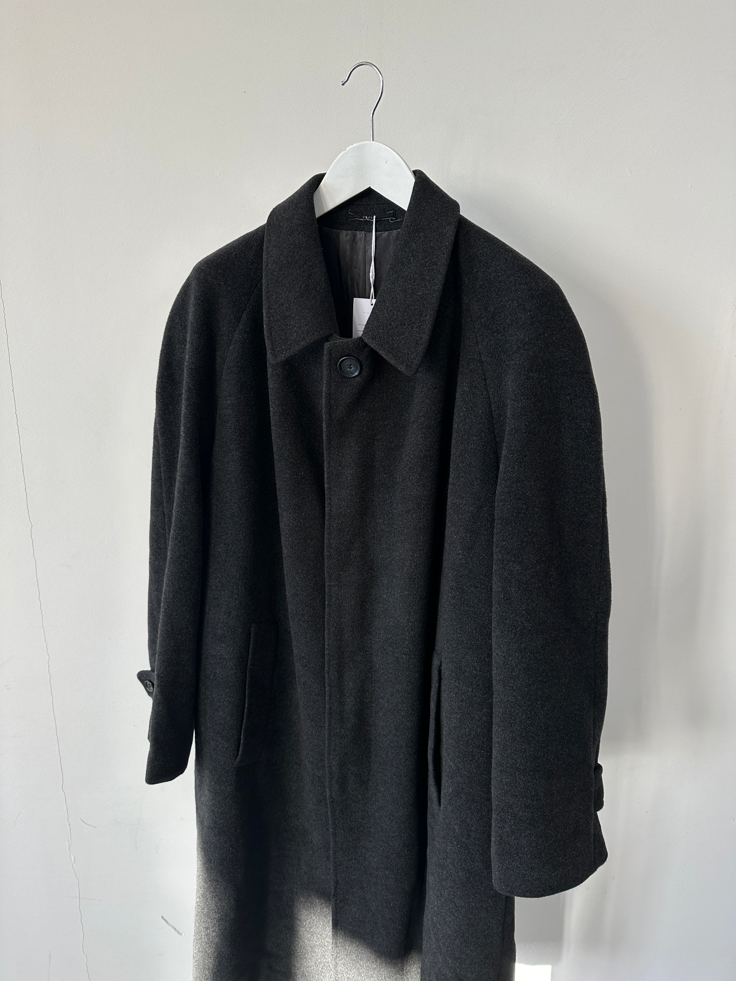 Valentino Pure Wool Concealed Placket Single Breasted Coat in XXL, shown hanging on a wooden hanger with a classic collar and tailored fit.