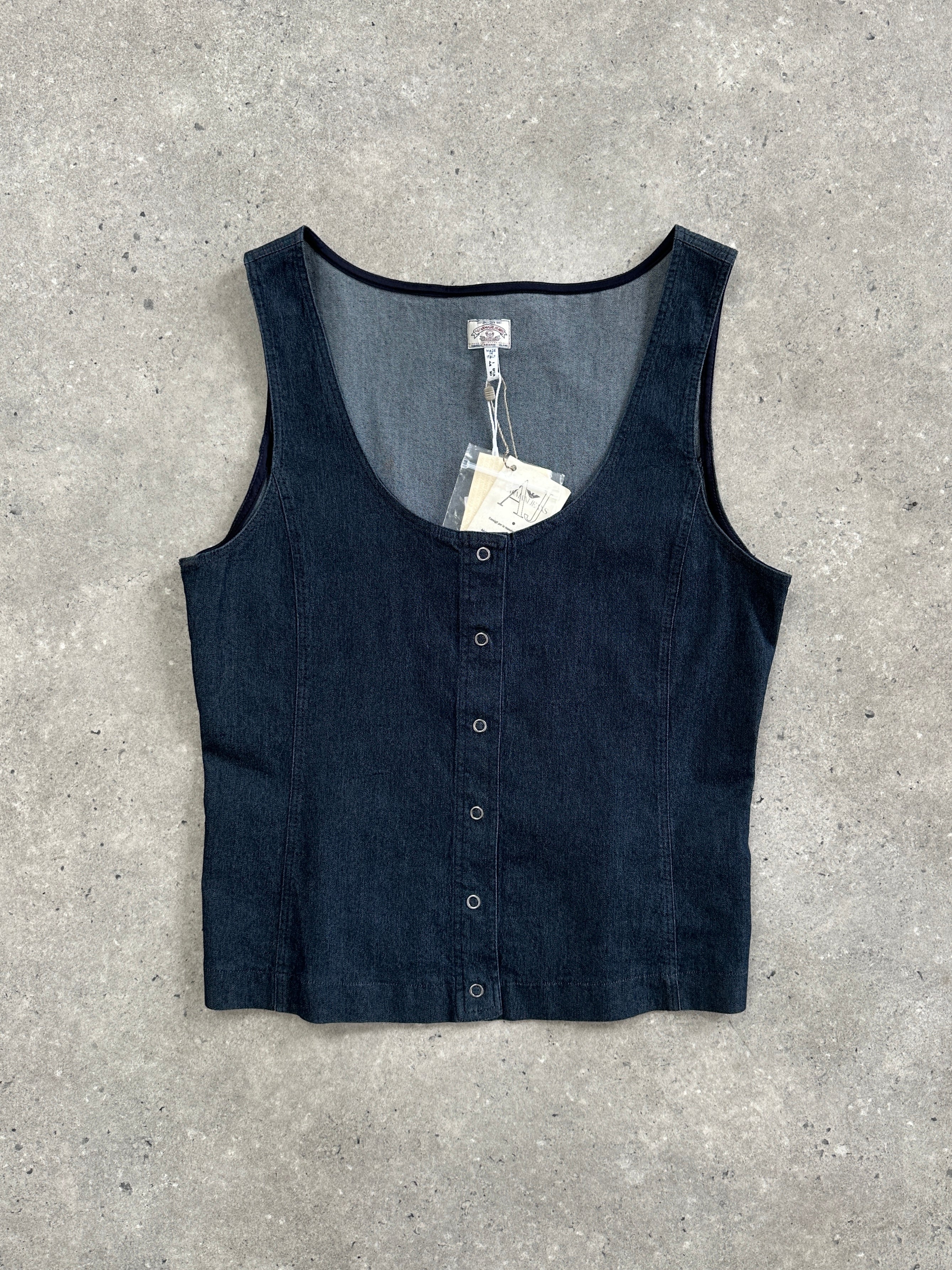 Armani Jeans denim vest top in size S/M, featuring classic blue denim fabric, sleeveless design, and button closure.