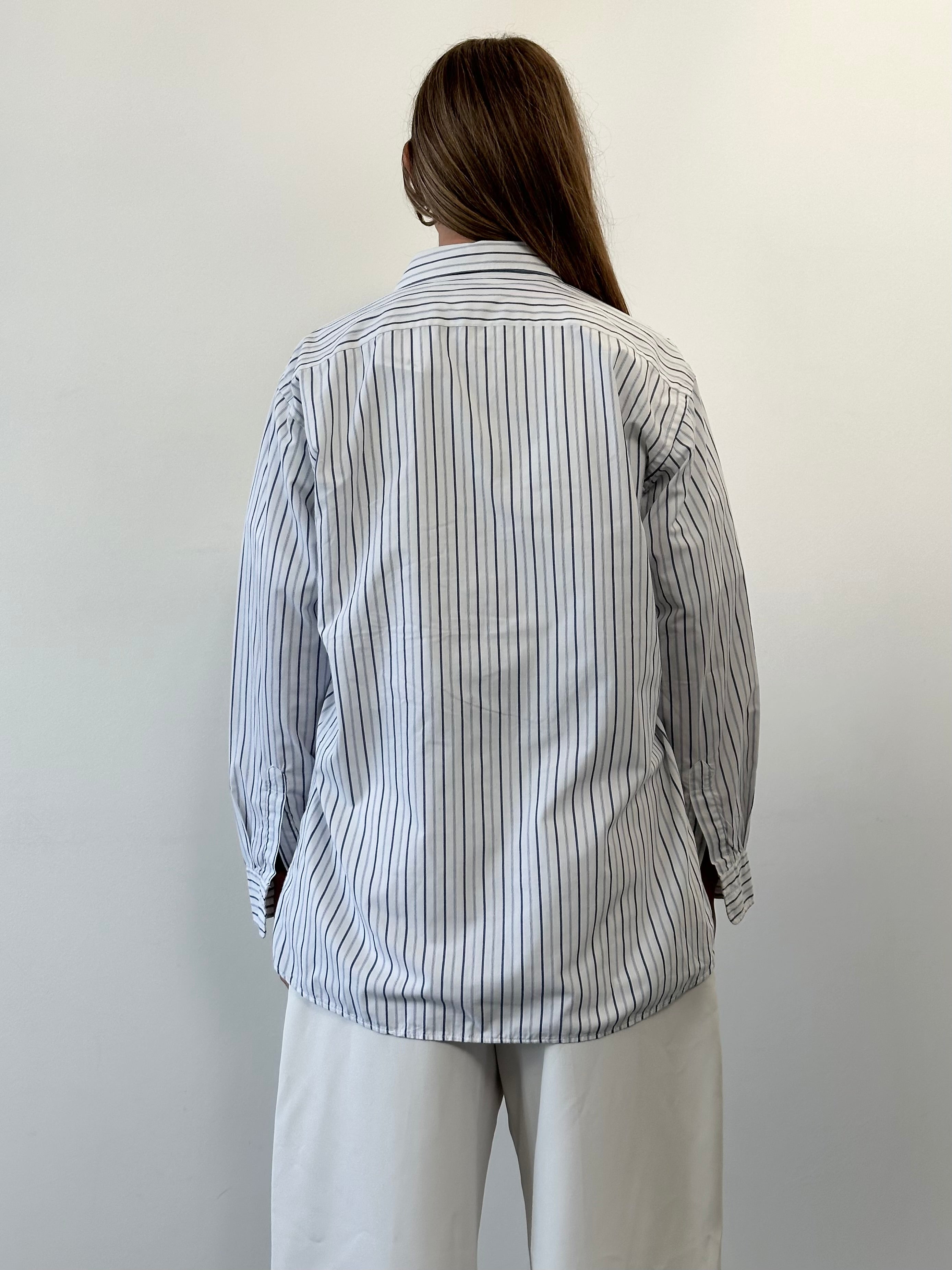 Christian Dior Monsieur cotton stripe logo shirt in size L/XL, featuring a classic striped pattern and Dior branding.