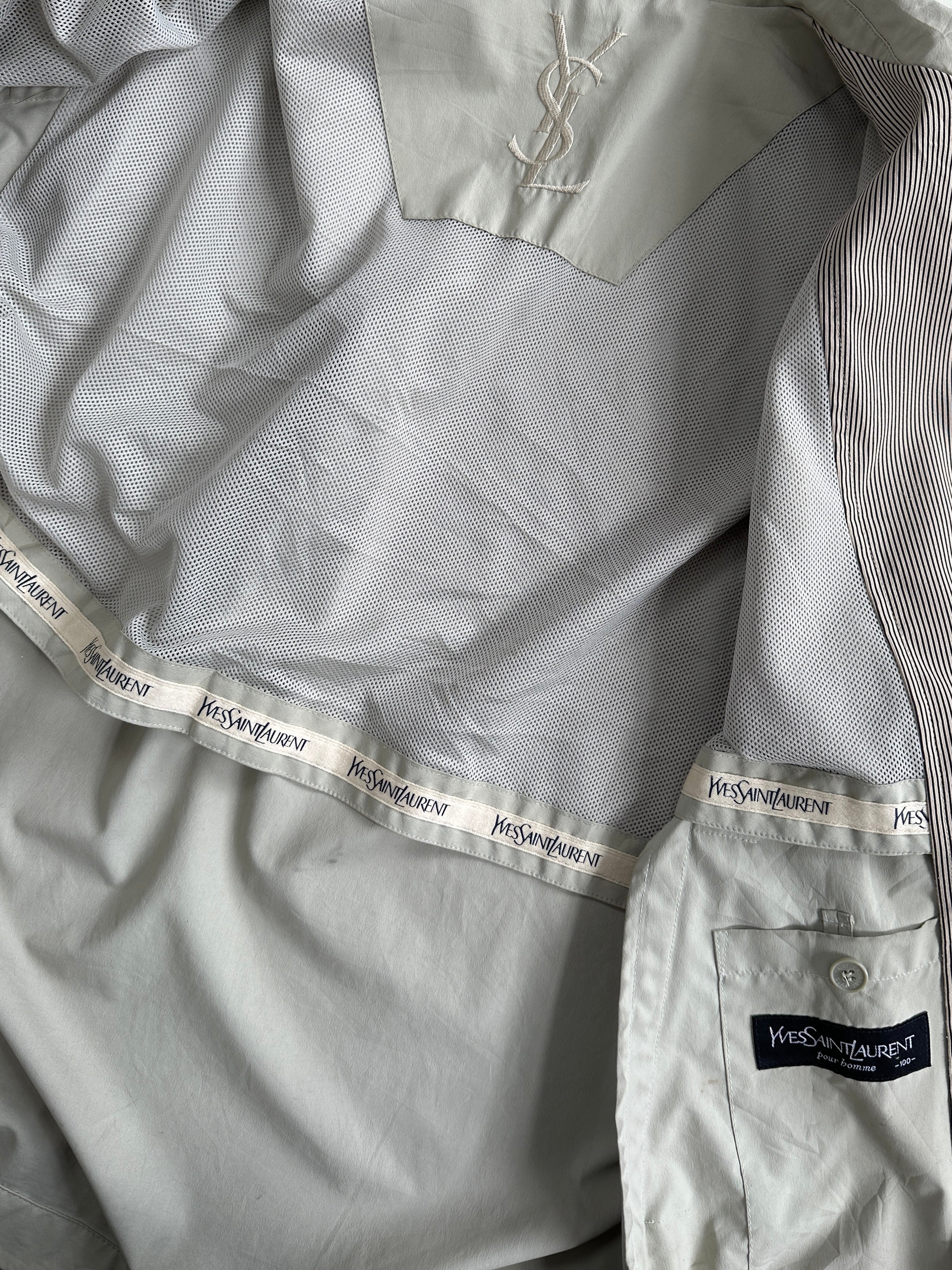 Yves Saint Laurent Pour Homme logo bomber jacket in size L, black with branded embroidery, front zipper, and ribbed cuffs.