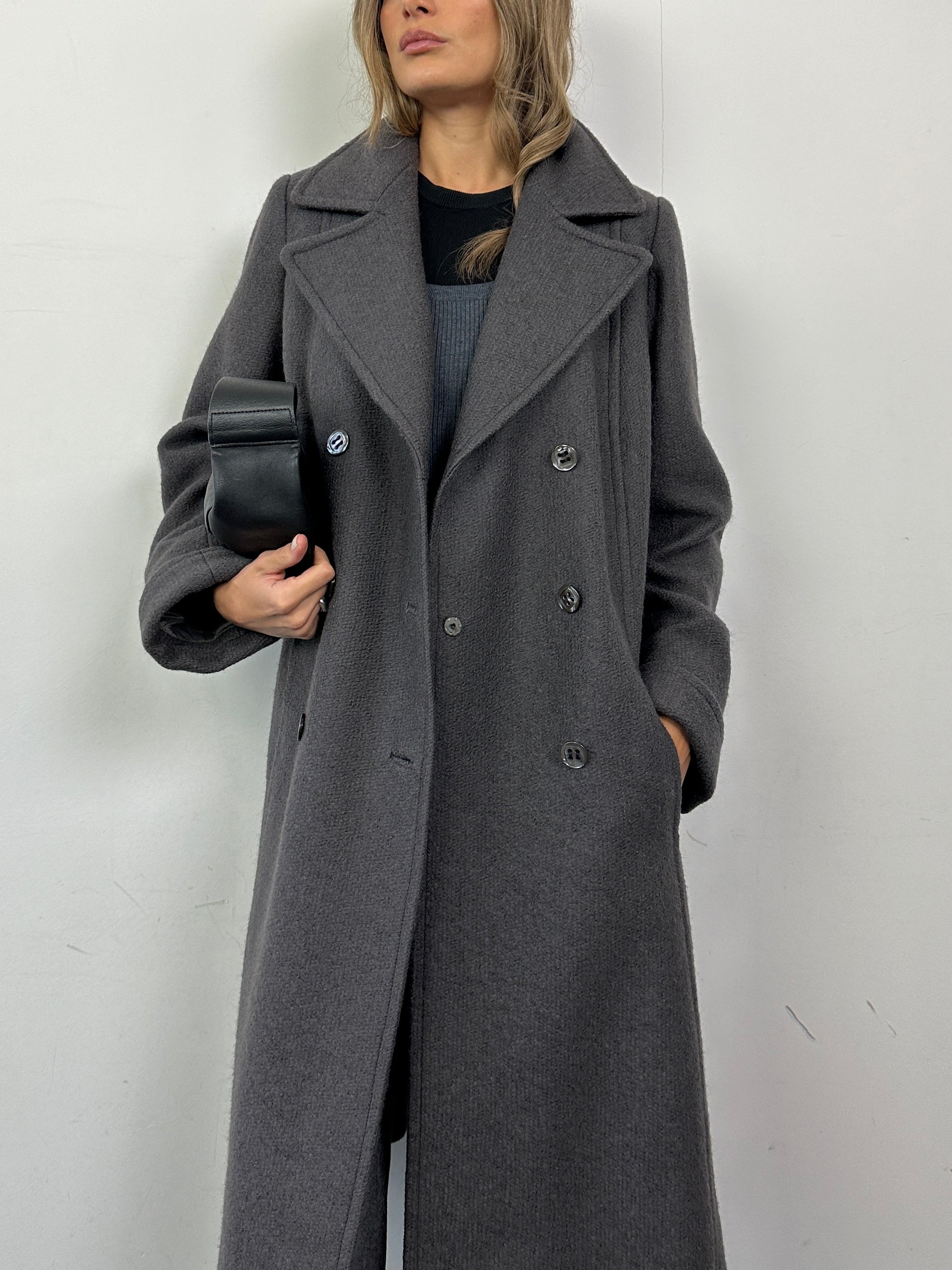 Vintage wool double-breasted A-line coat in M/L size, stylish and warm with classic design and textured fabric.