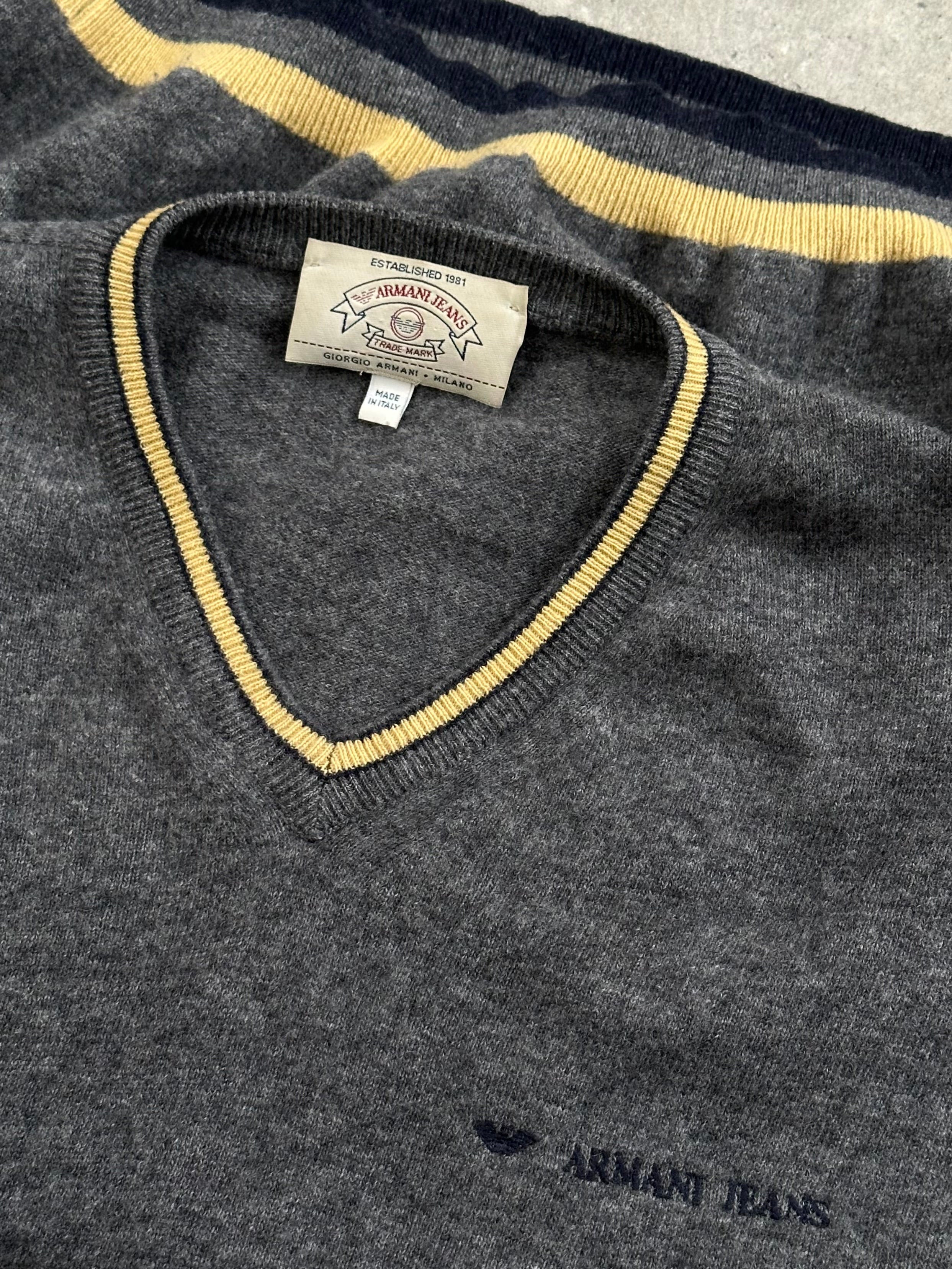 Armani Jeans 1990s Wool Logo V Neck Knit Jumper - M - SYLK