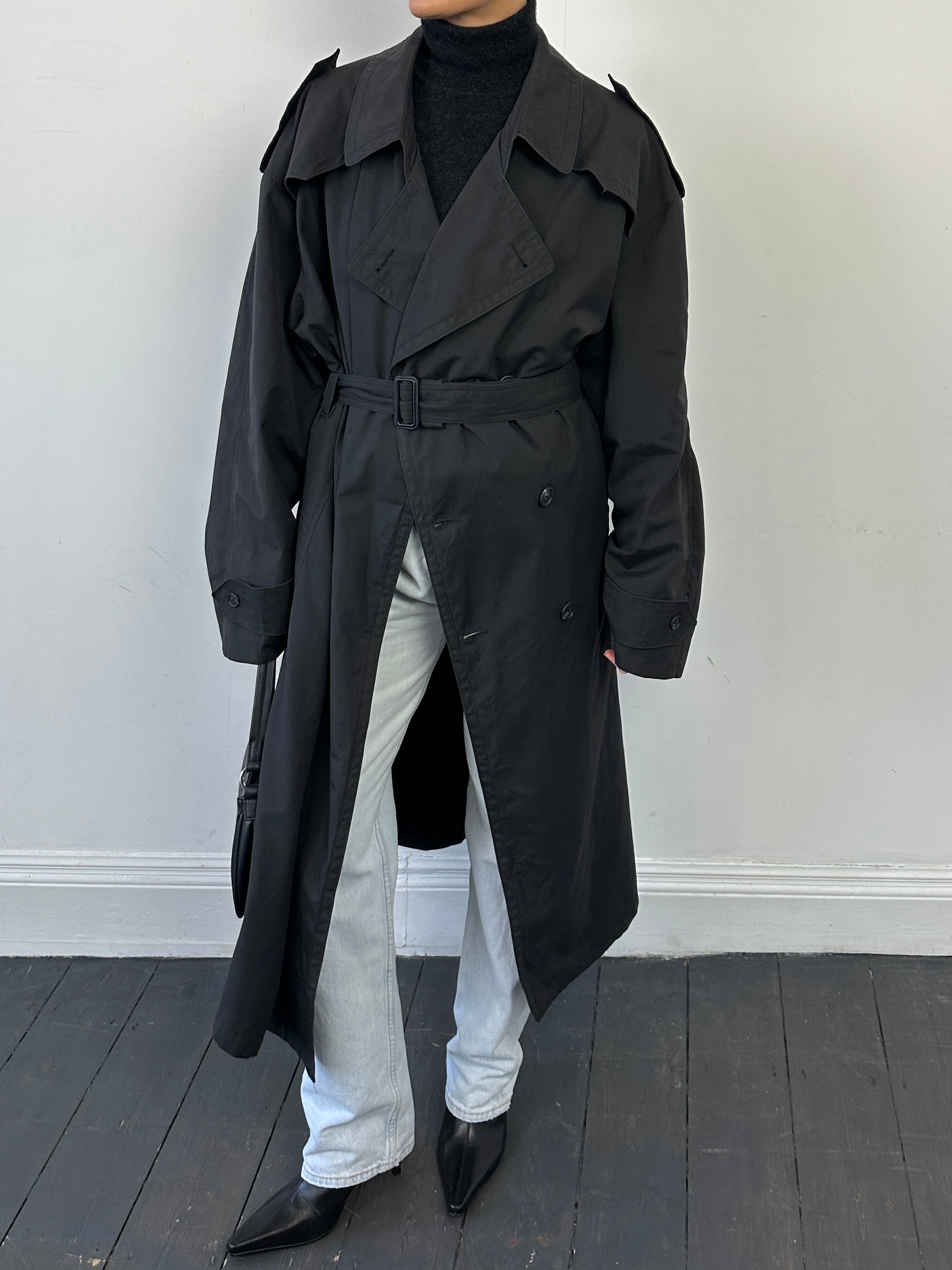 Christian Dior cotton double-breasted belted trench coat in XXL, showing the classic beige fabric, lapels, and waist belt.