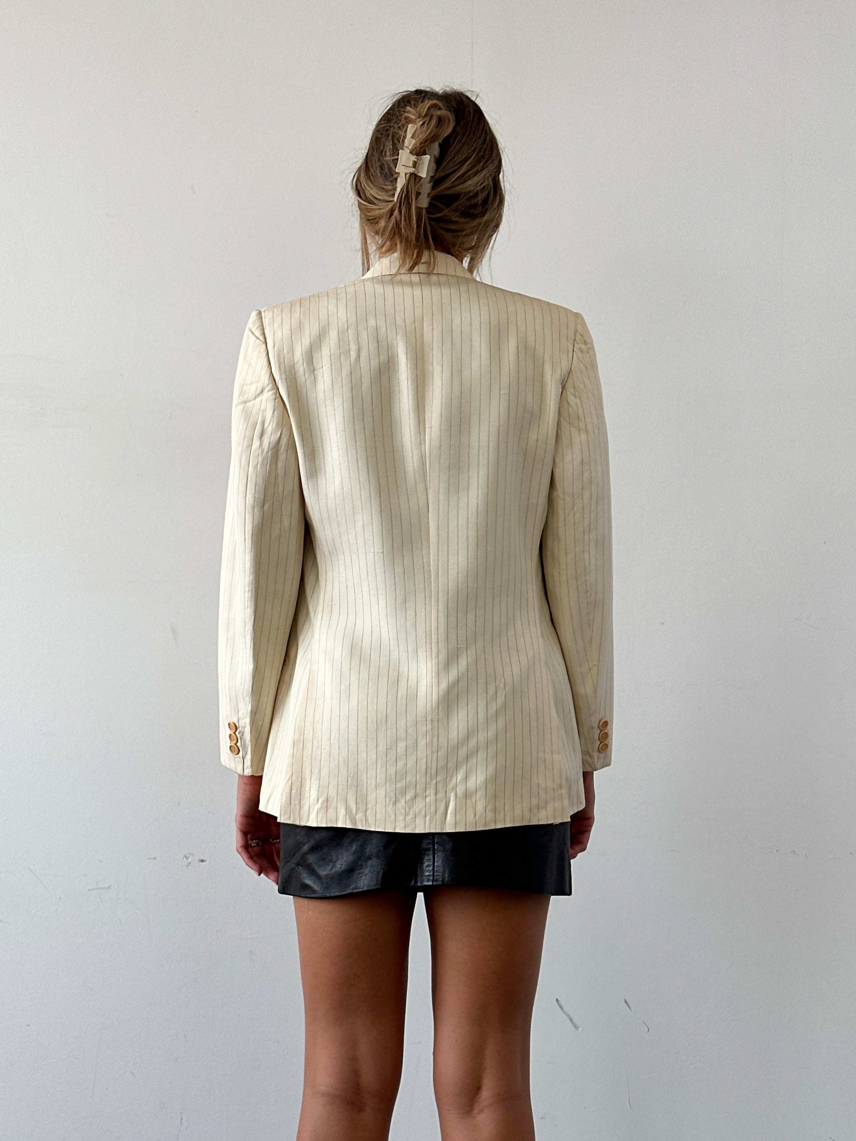 Pierre Cardin pure silk stripe double-breasted blazer in size 36R/S, tailored fit with classic lapel and front buttons.
