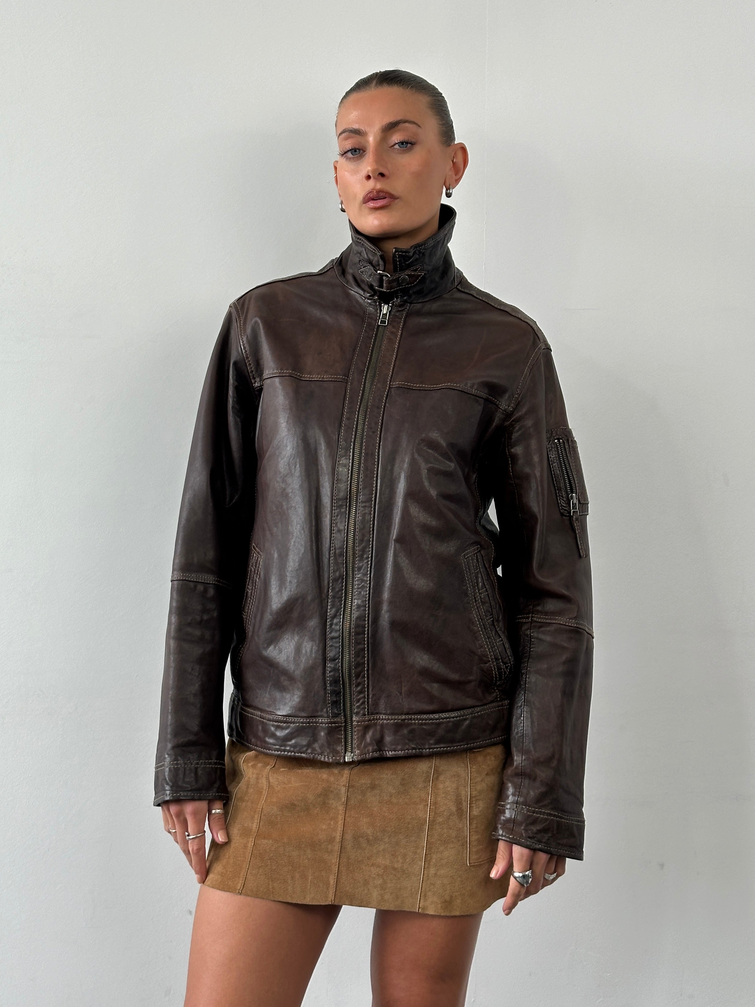 Vintage Moto Aged Leather Jacket, size L, showing classic distressed leather with a zipper front and stylish collar.