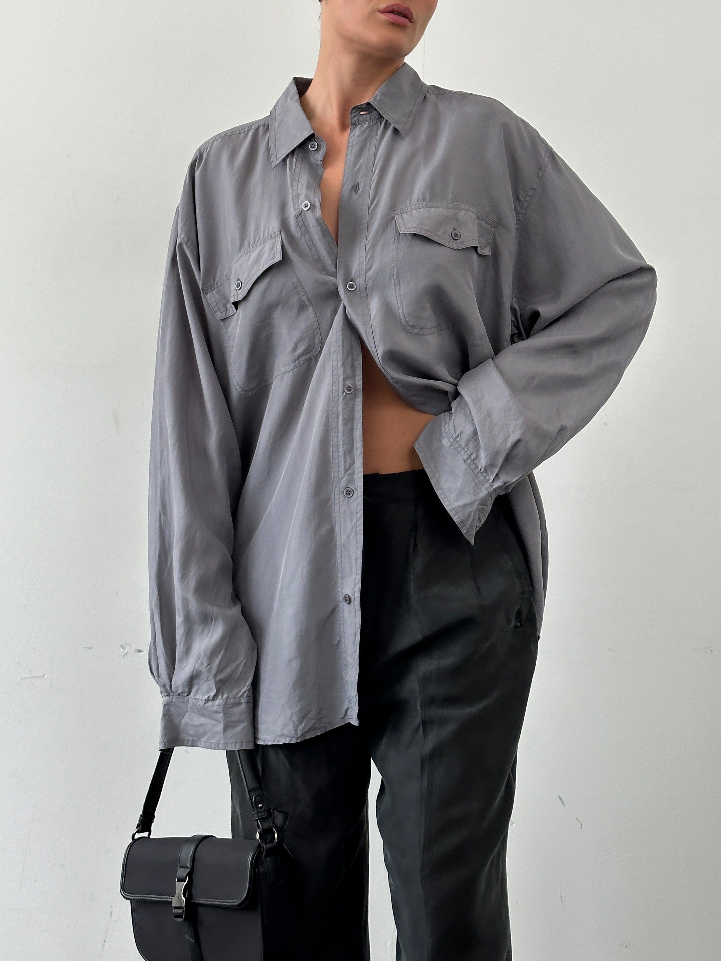 Vintage pure silk shirt in XXL, featuring a classic design with smooth fabric and a tailored fit, perfect for elegant casual wear.