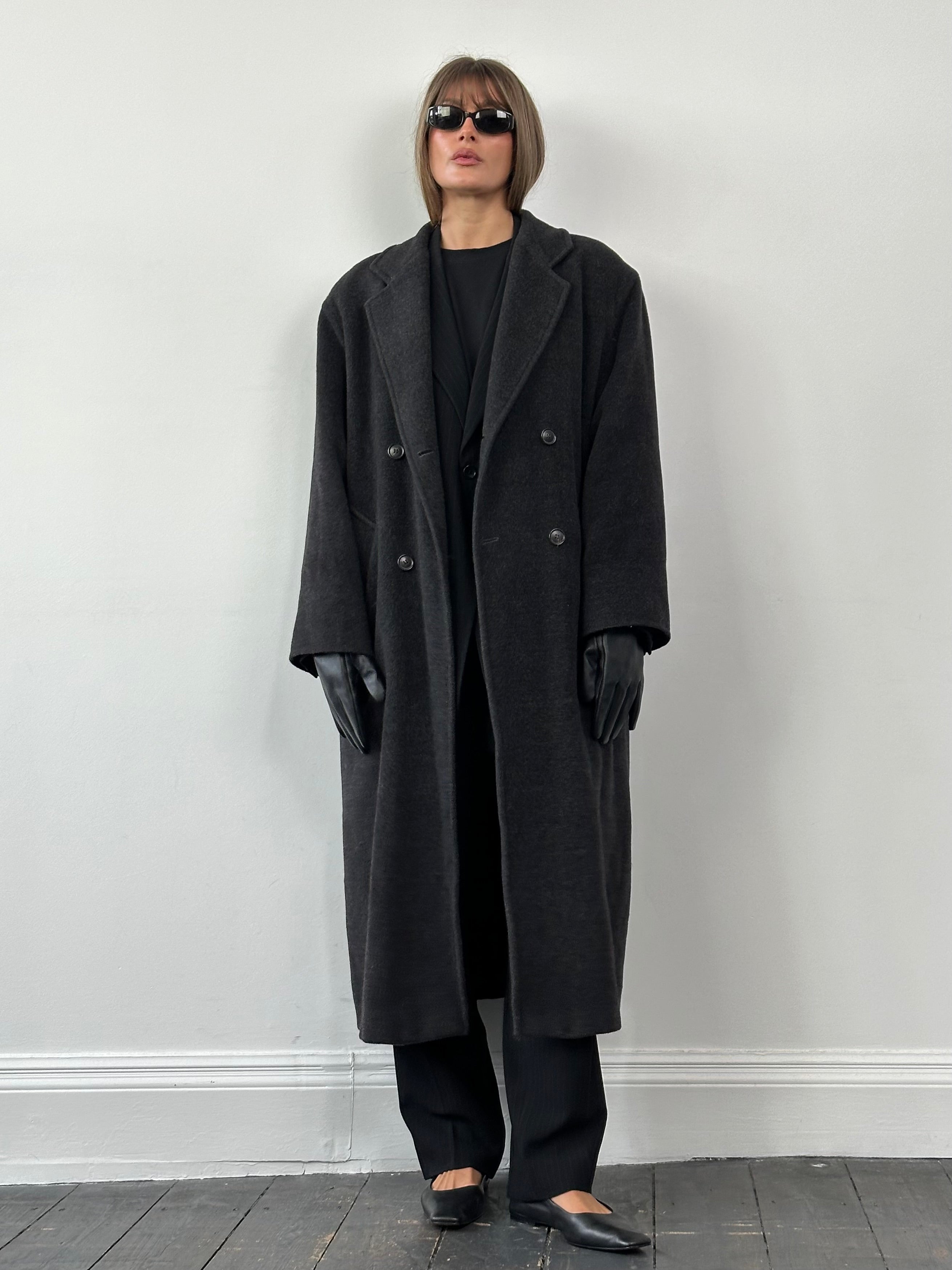 Marella wool cashmere double-breasted floor-length coat in XL size, featuring a classic design and tailored fit.