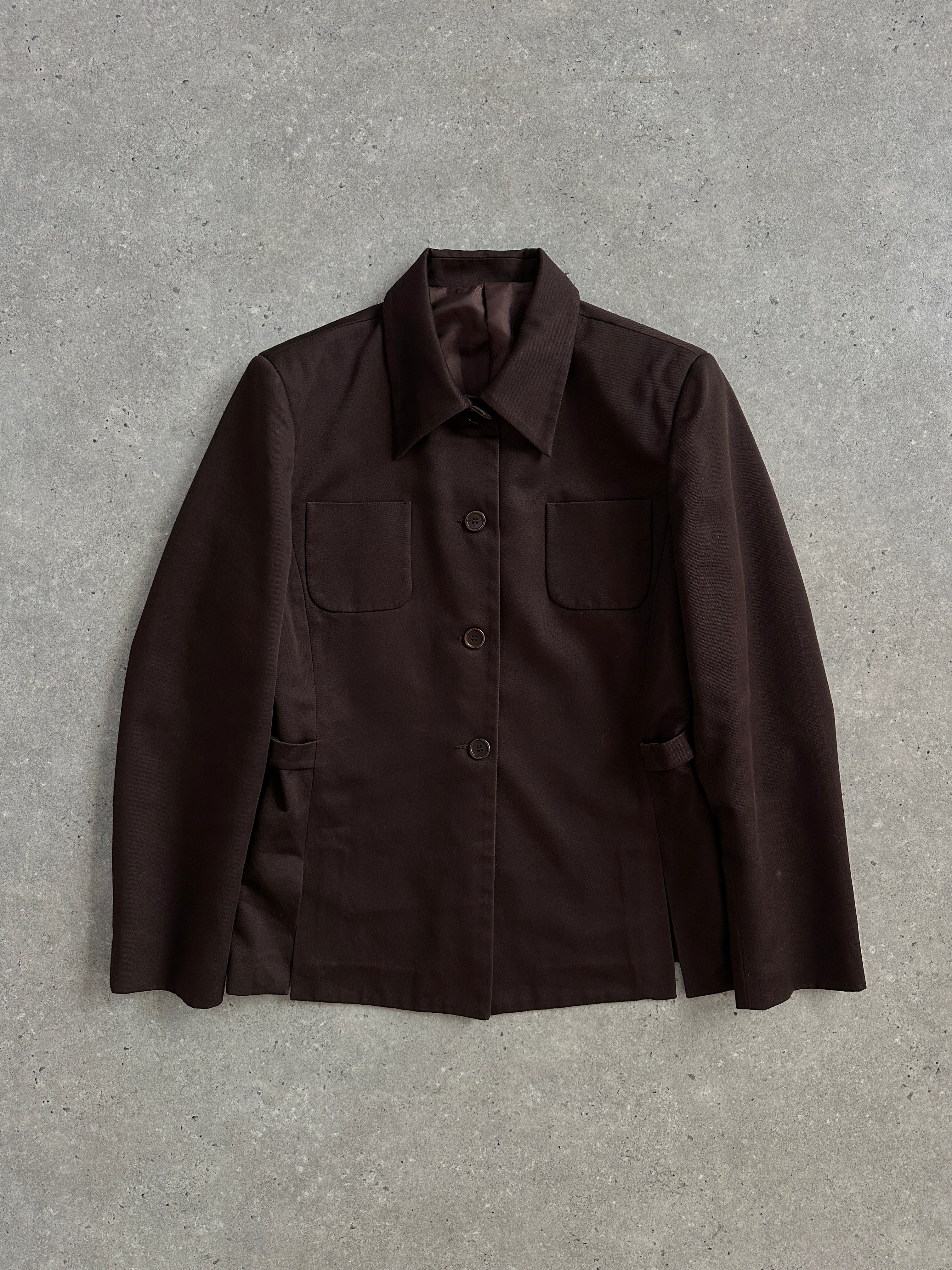 Vintage Italian 2000s pure cotton tailored jacket in size M, shown on a hanger with detailed stitching and classic design.