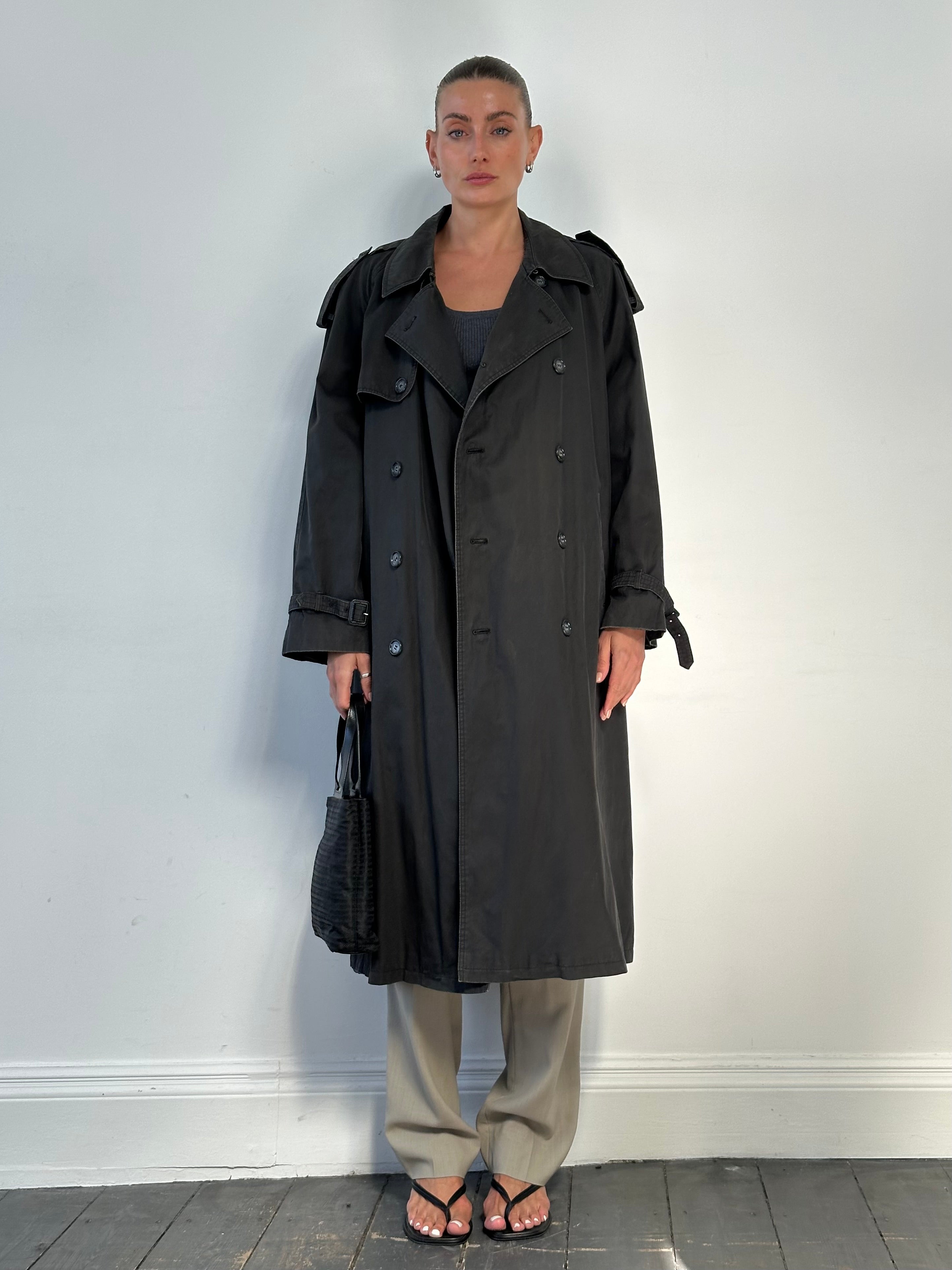 Yves Saint Laurent cotton double-breasted belted coat in XL, featuring classic design and tailored fit, shown on a neutral background.