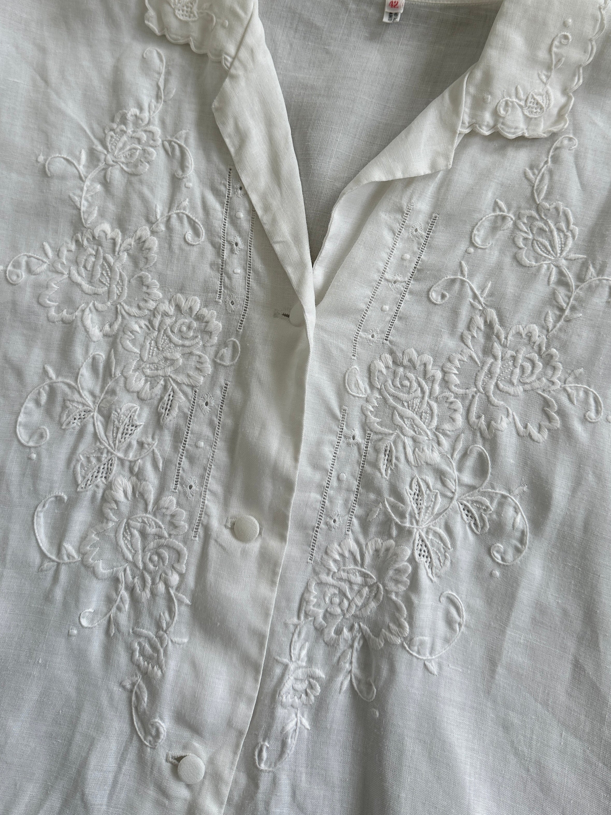 Vintage pure linen embroidered short sleeve shirt with scalloped edge, size large, showcasing intricate embroidery and lightweight fabric.