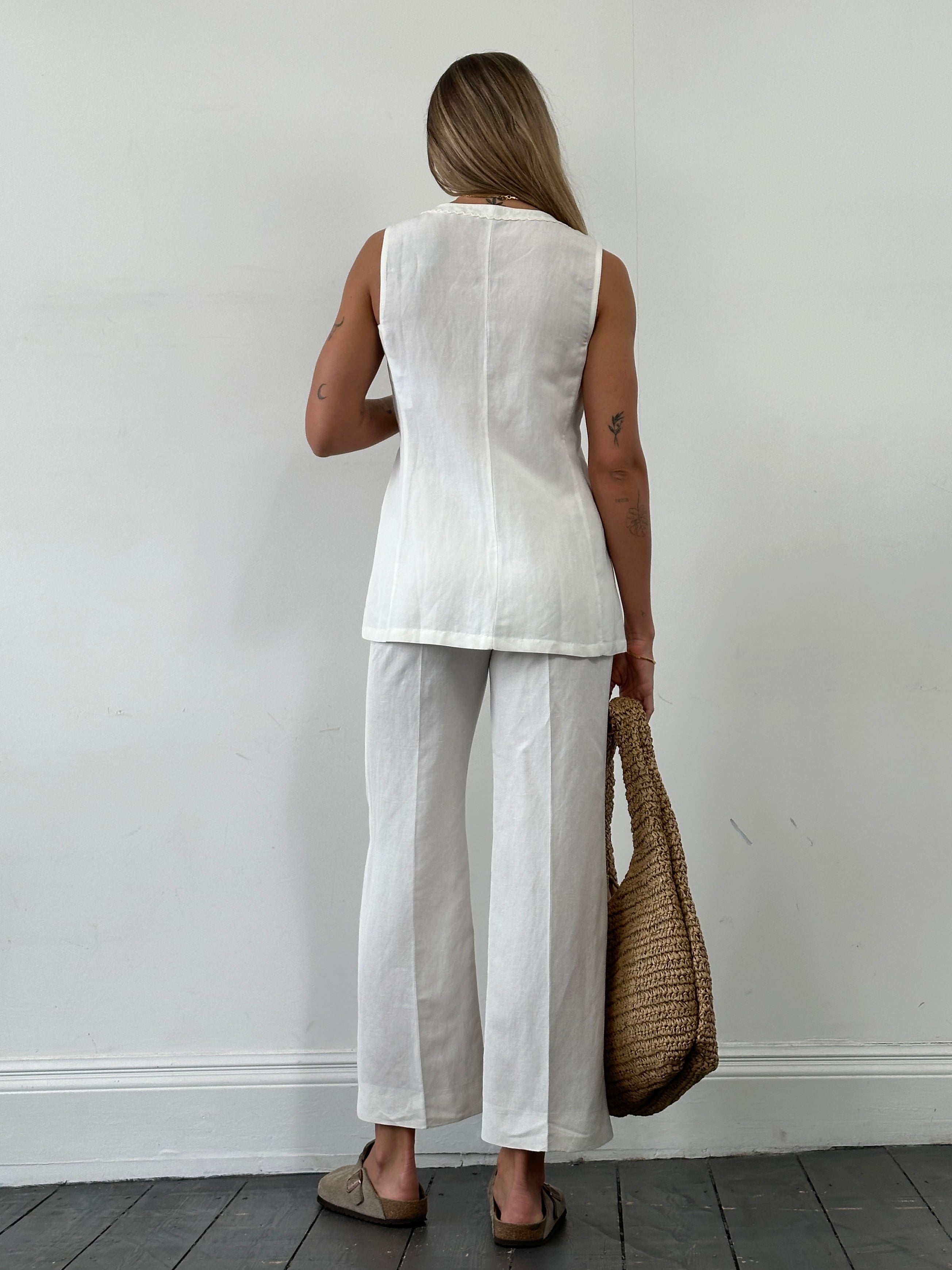 Marella linen embroidery waistcoat and trousers two-piece set, featuring detailed embroidery and tailored fit in neutral tones.