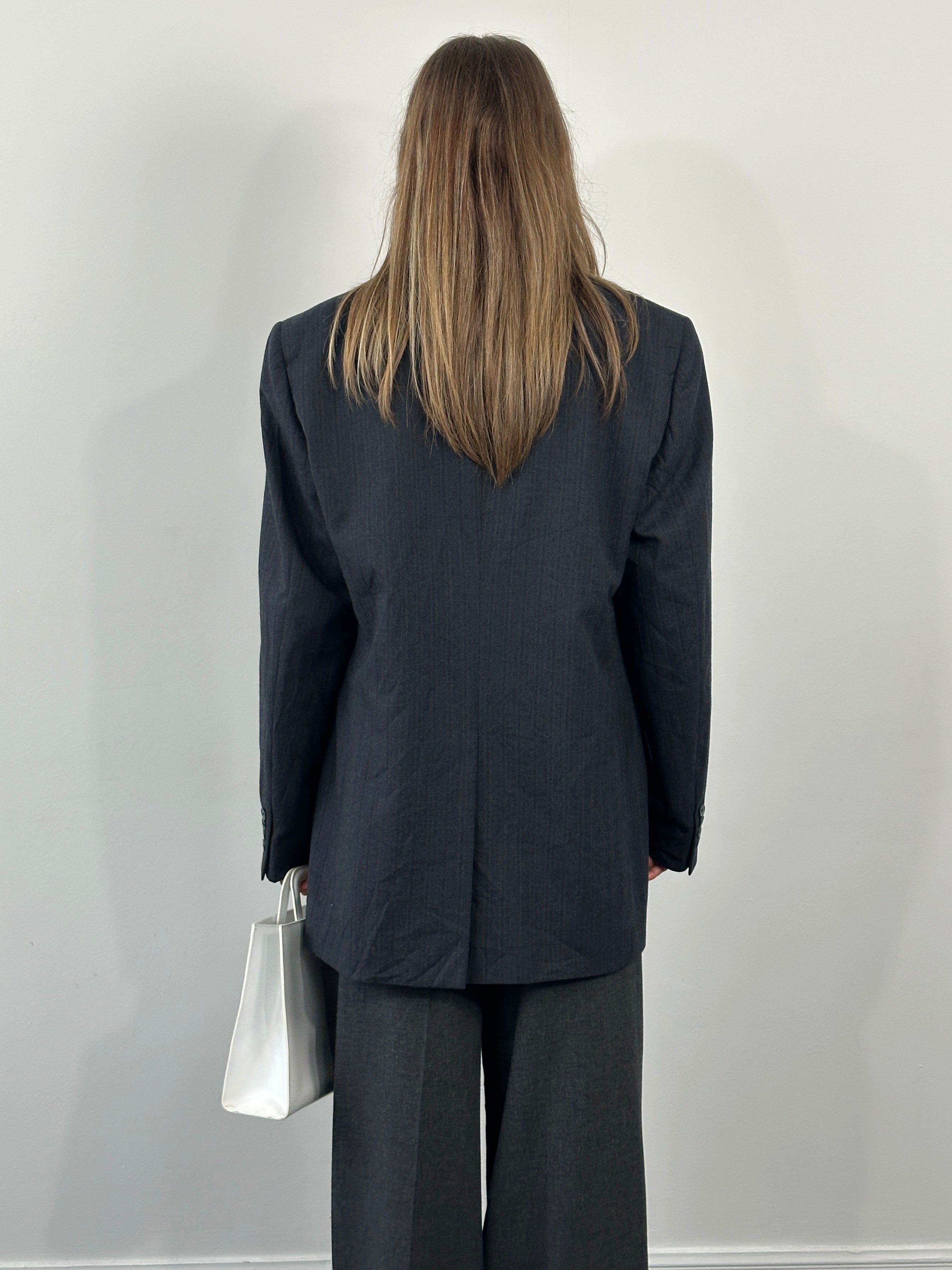 Christian Dior Monsieur 1980s pure wool stripe blazer, size 44R/XL, featuring classic tailored fit and bold stripe pattern.