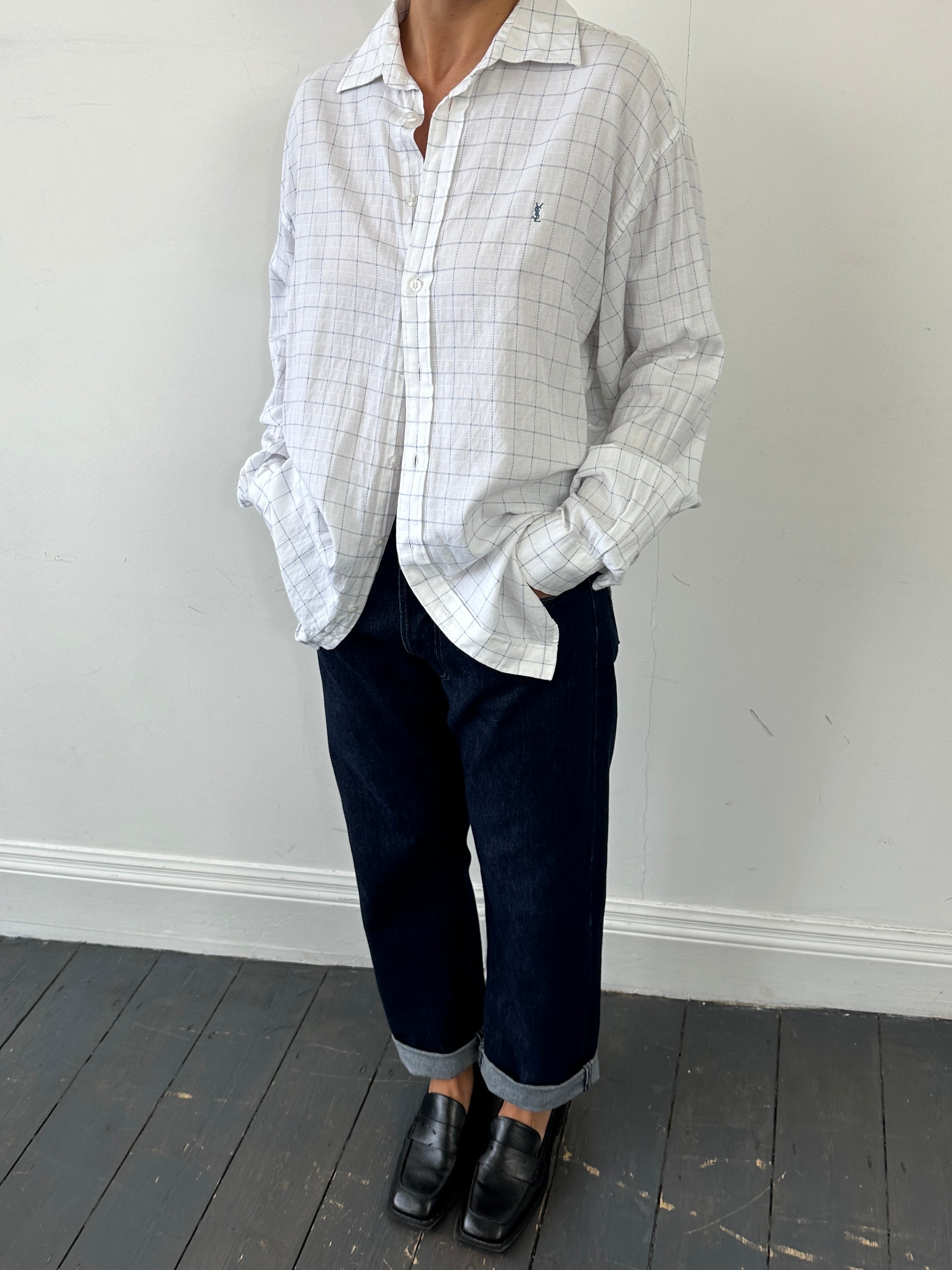 Yves Saint Laurent Pour Homme check pure cotton logo shirt in size L, featuring a classic check pattern and brand logo detail.