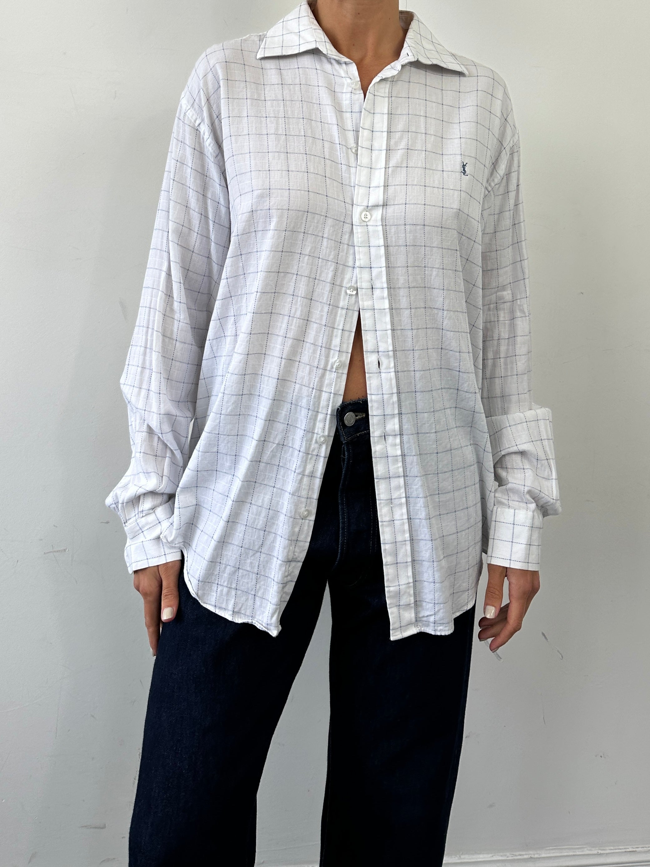 Yves Saint Laurent Pour Homme check pure cotton logo shirt in size L, featuring a classic button-up design and YSL branding.