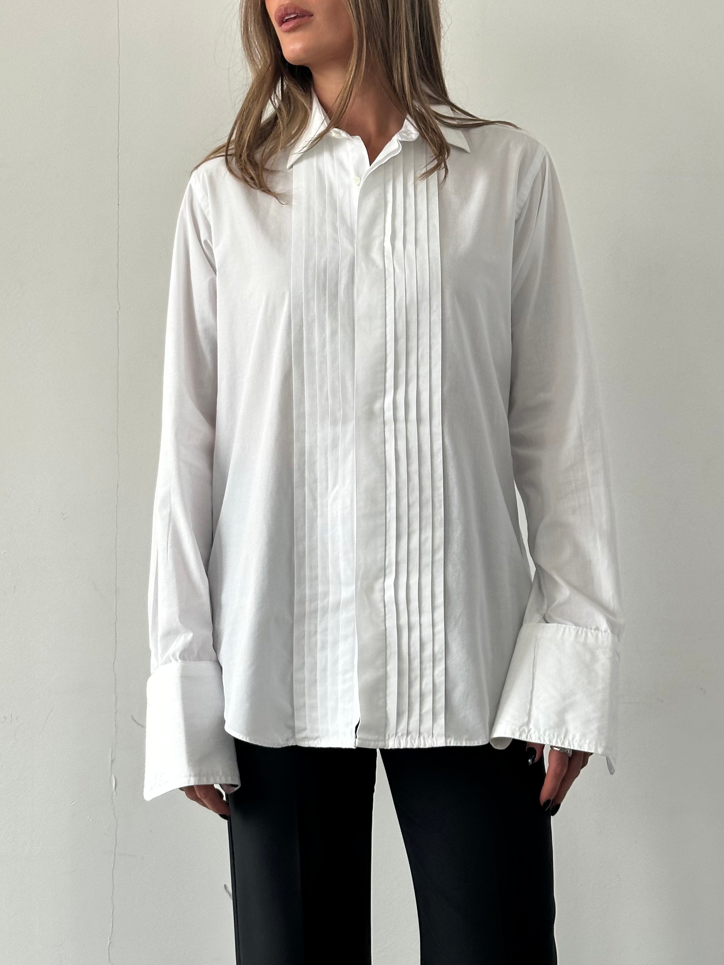 Christian Dior Monsieur cotton tuxedo dress shirt, white with logo embroidery, long sleeves and classic collar.