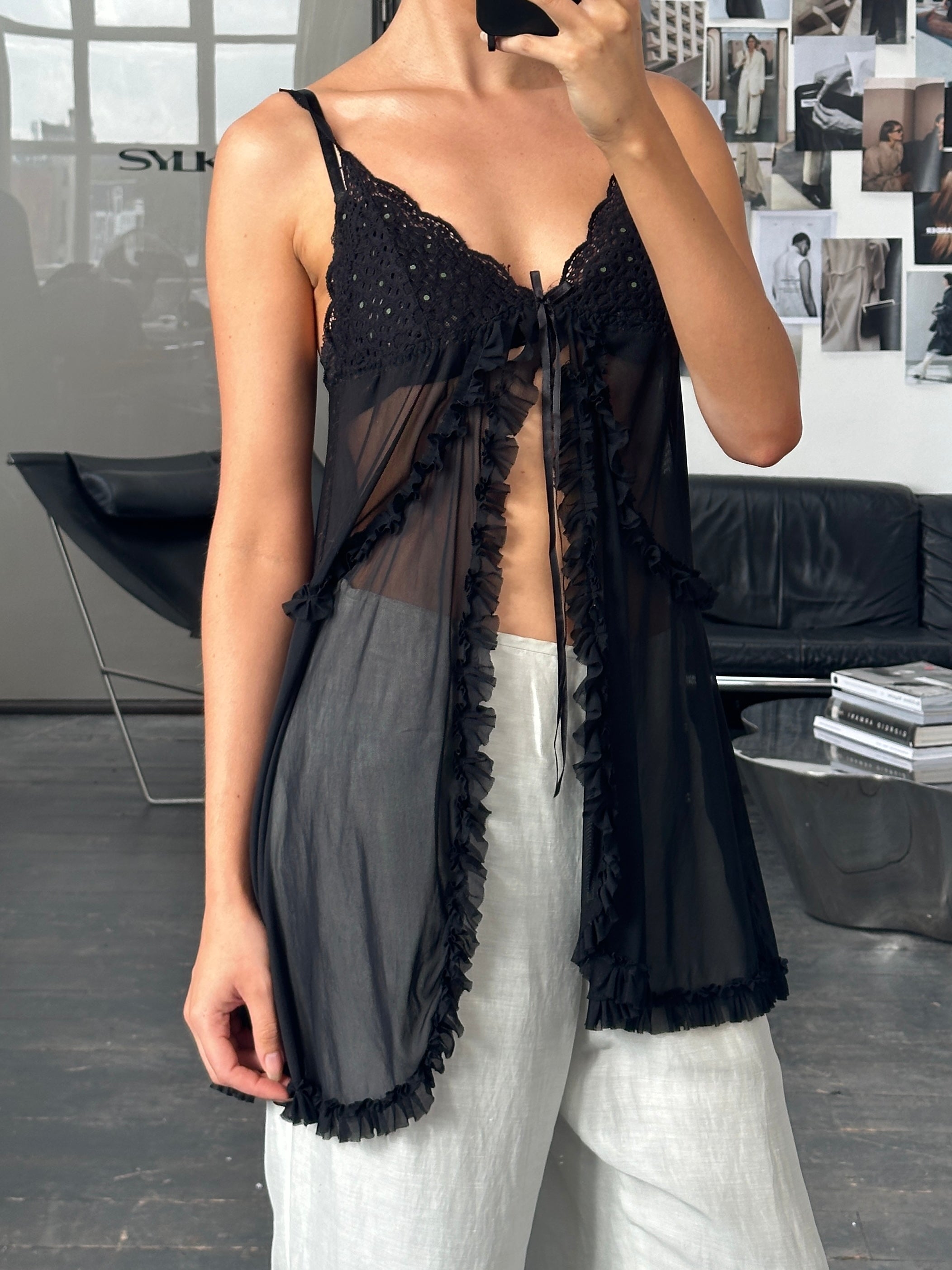 Vintage 2000s lace babydoll cami top with asymmetric split design, available in small to large sizes.