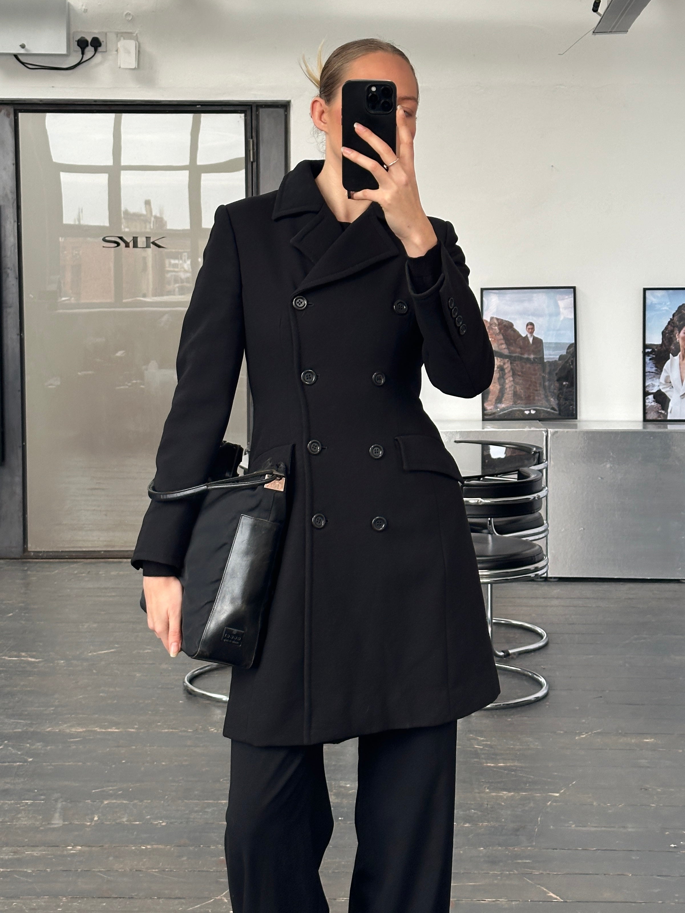 Marella 2000s pure wool double-breasted tailored coat in size S, featuring a classic design and structured silhouette.
