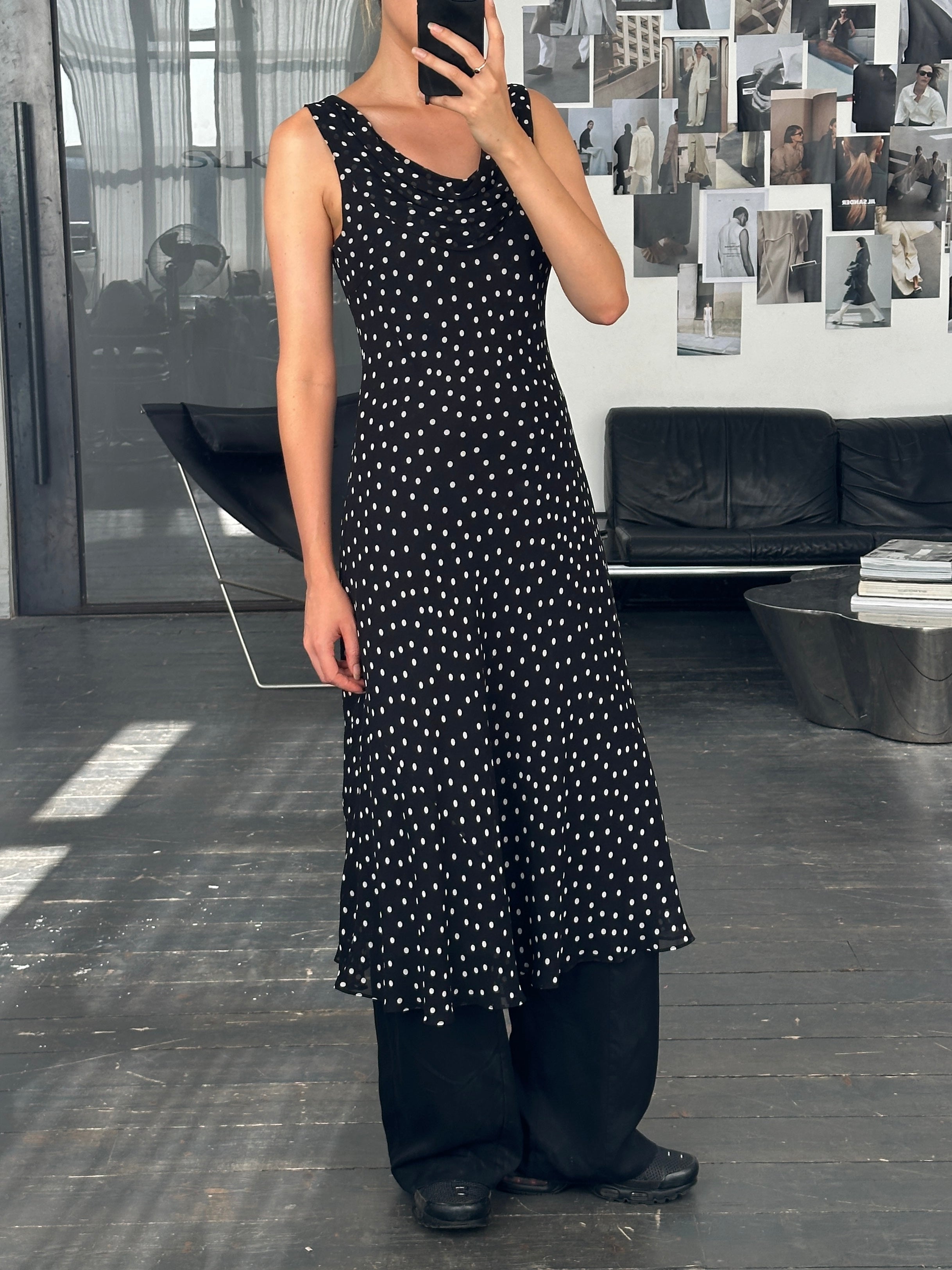 Vintage 2000s pure silk polkadot A-line maxi dress in size M, featuring a flowing silhouette and classic polkadot pattern.