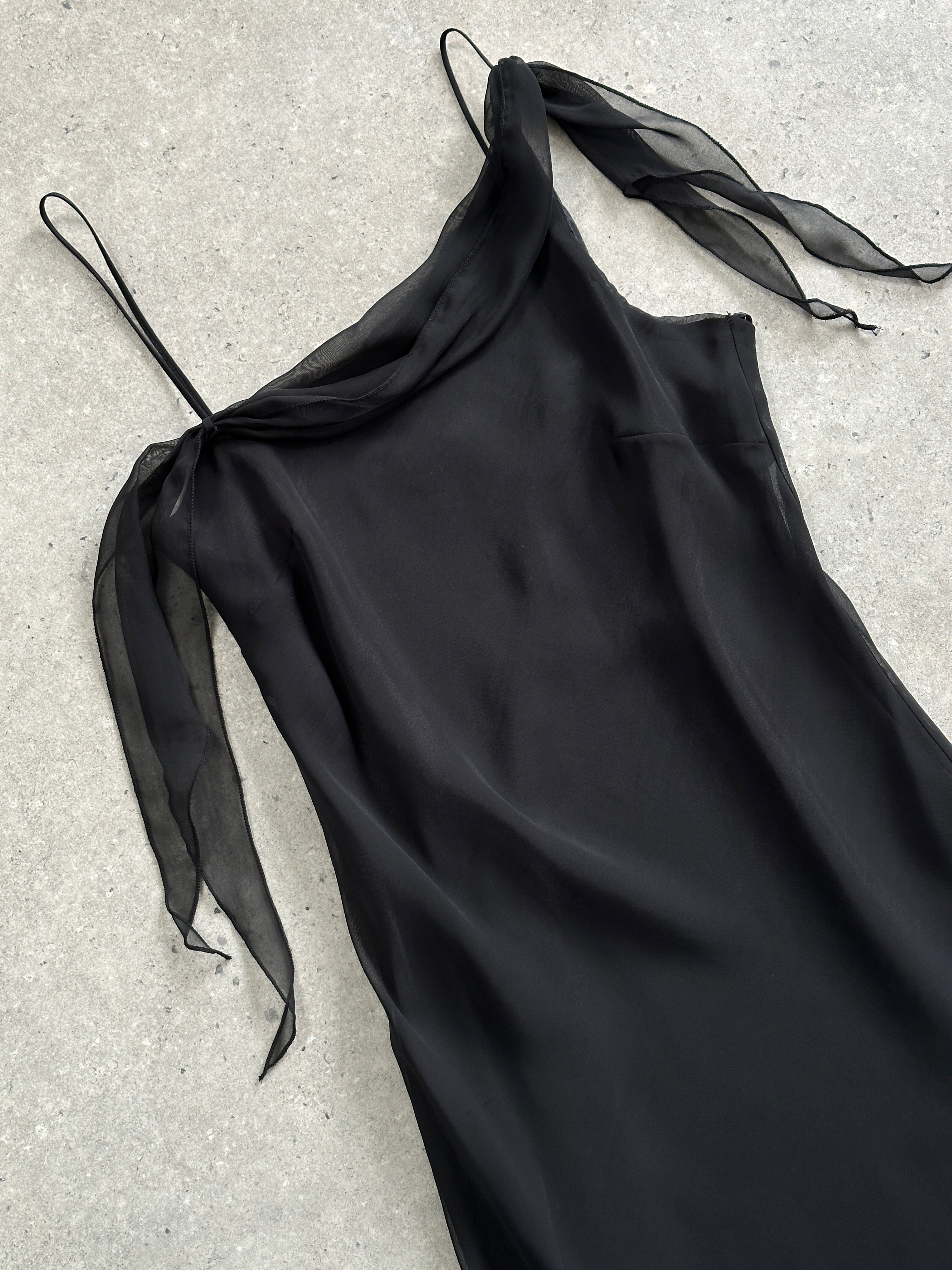 Vintage asymmetric sheer maxi slip dress in light fabric, featuring a flowing silhouette and elegant design.