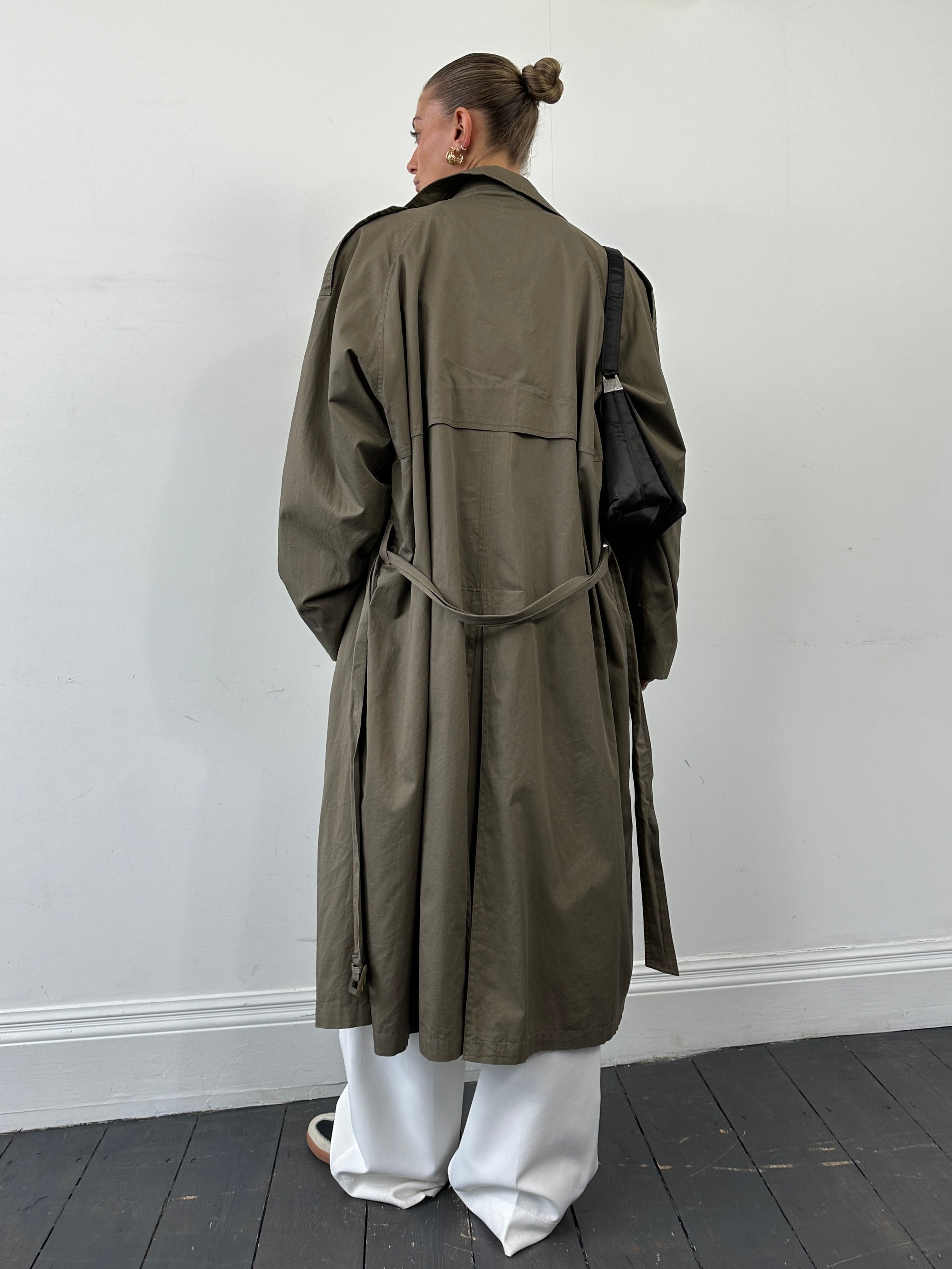 Yves Saint Laurent Pour Homme double-breasted cotton trench coat in XXL with belt, tailored fit, and classic design.