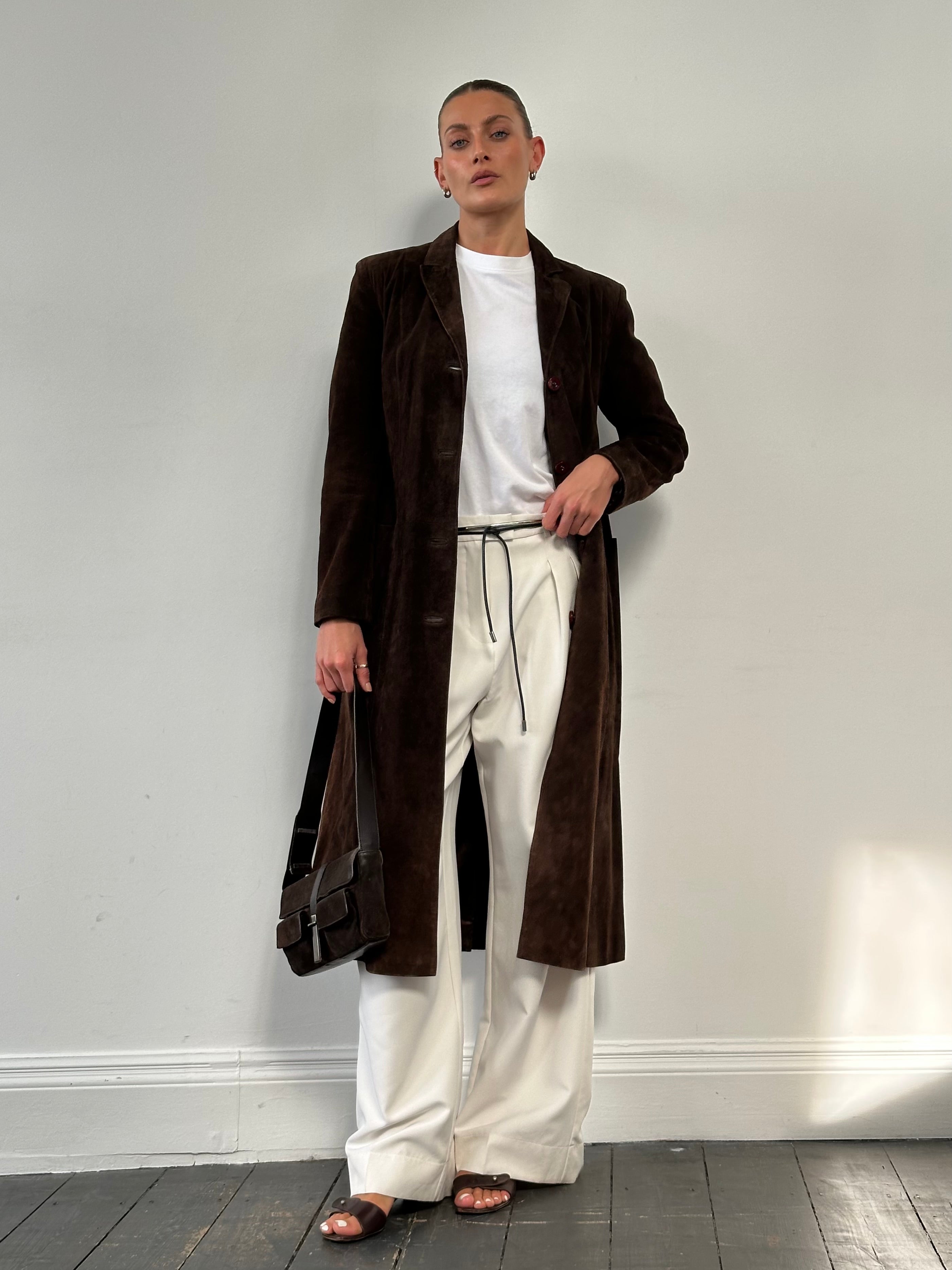 Vintage suede trench coat jacket in size small, featuring classic design and soft textured material.