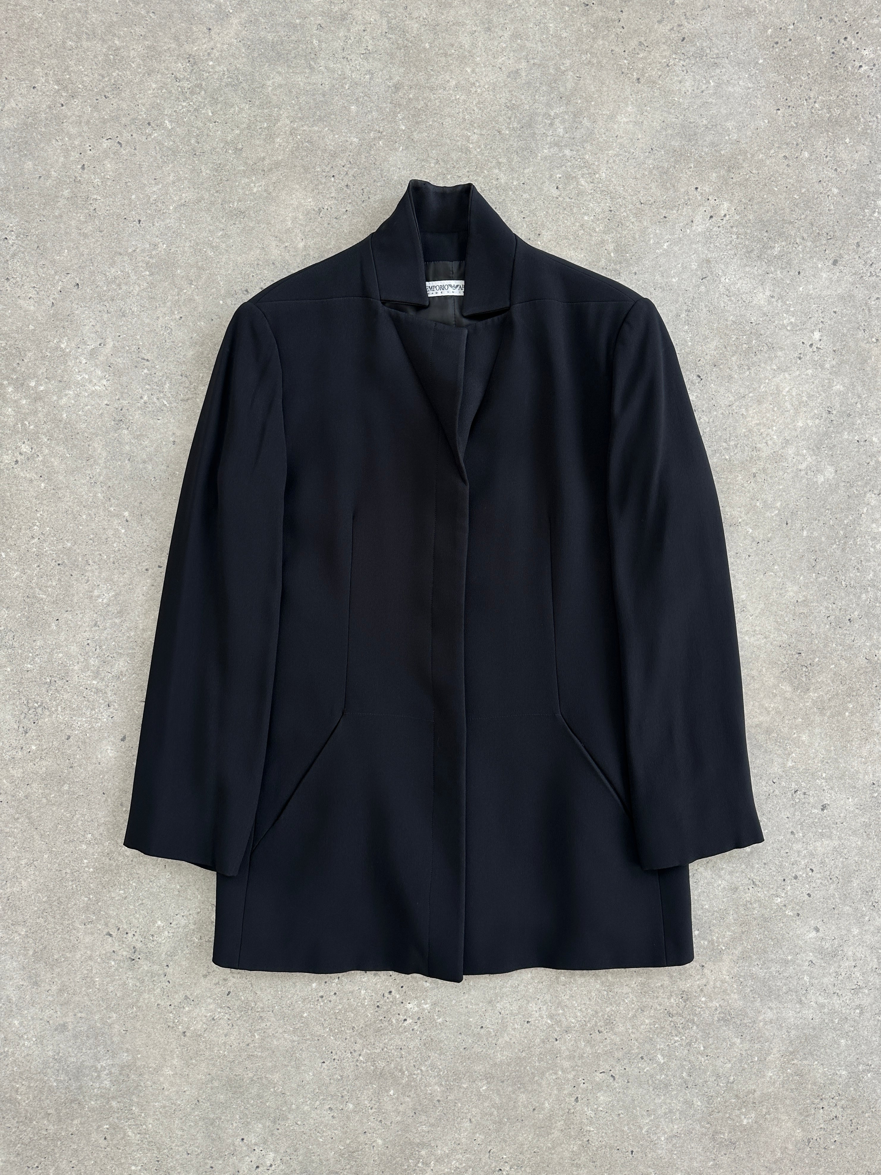 Emporio Armani 1990s high neck tailored blazer jacket in black, featuring structured fit and sleek design, front view.