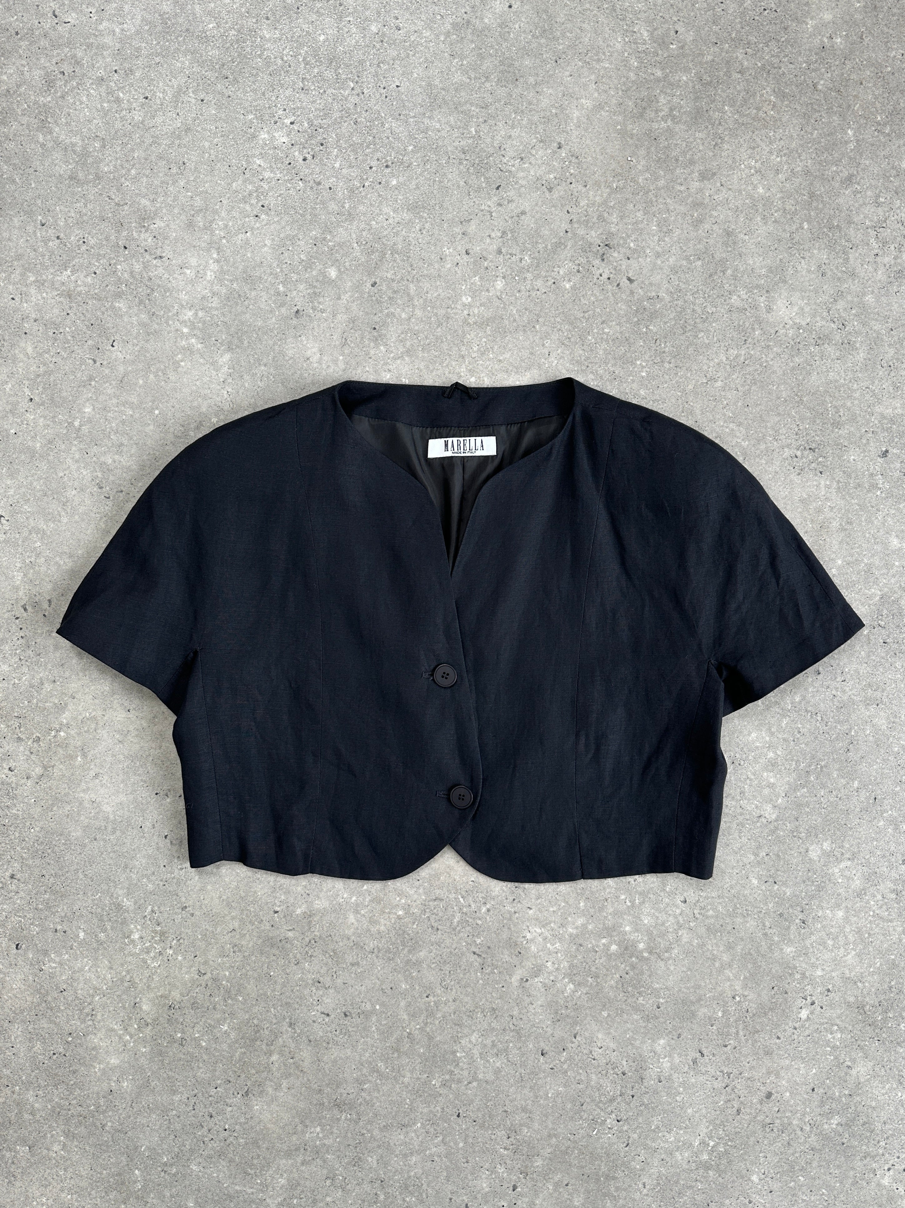 Marella linen short sleeve cropped blazer top in beige, with a tailored fit and front button closure.