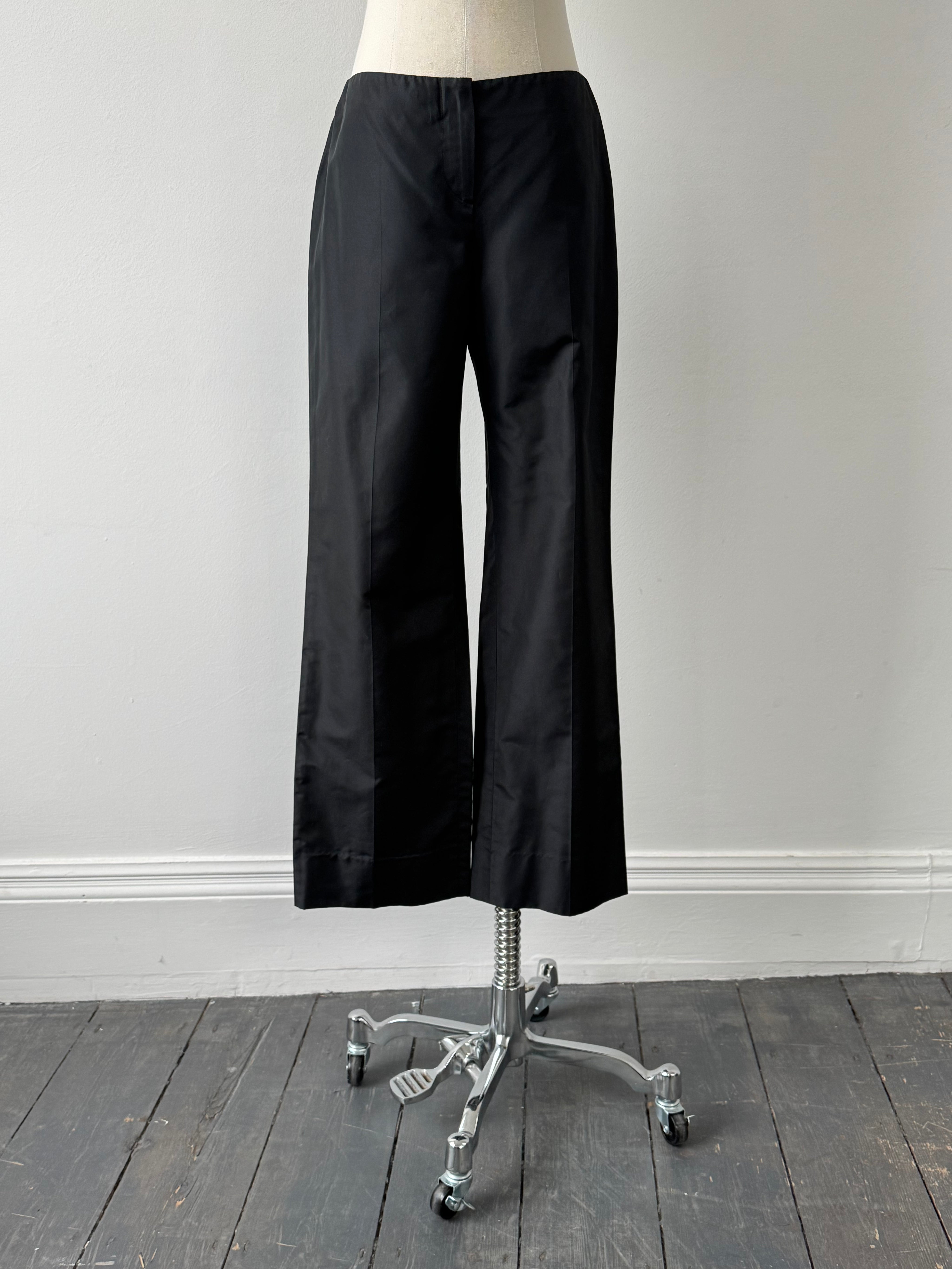 Emporio Armani 2000s silk low waist tailored trousers in black, featuring a slim fit and classic design, size W26.