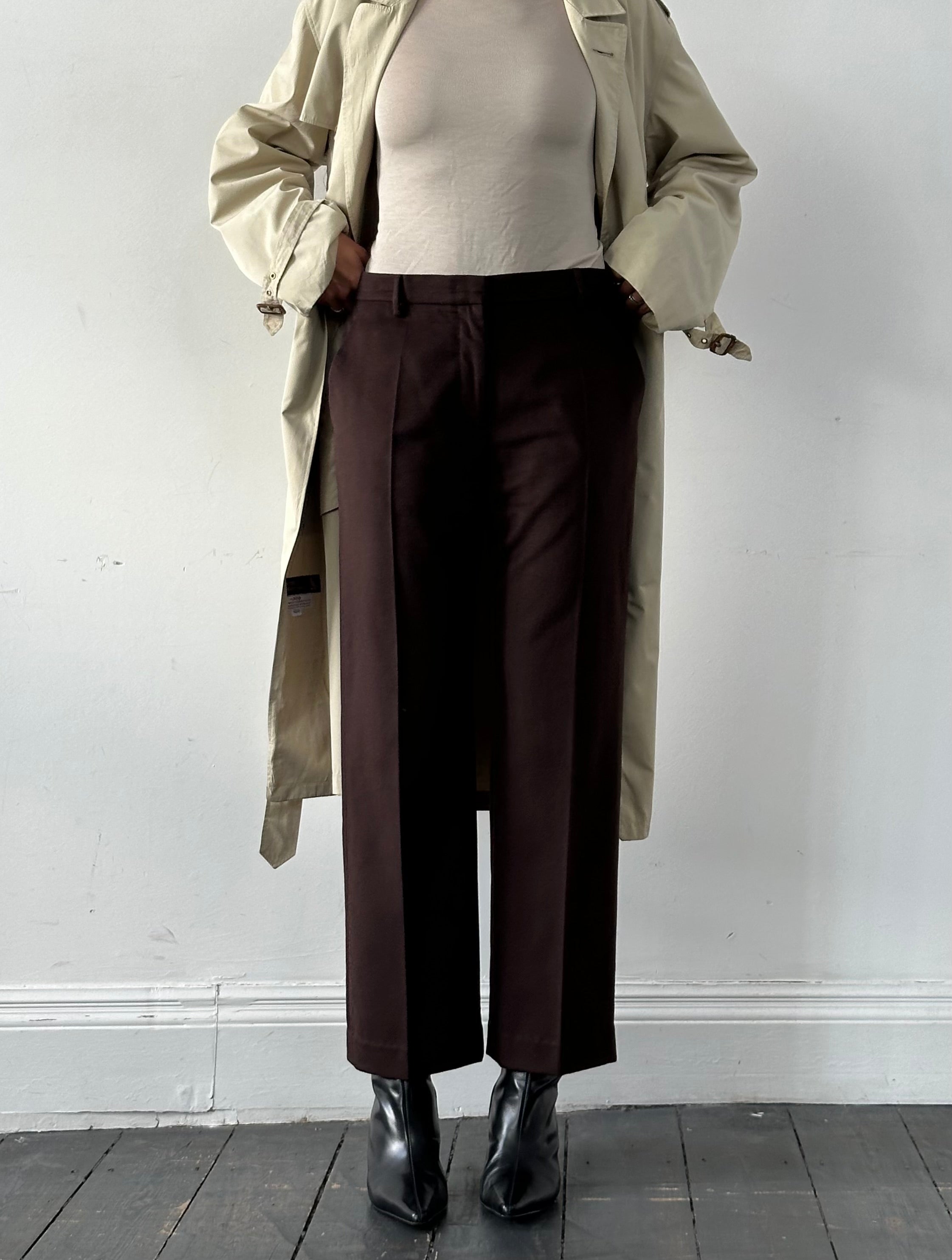Max Mara pure brushed wool straight leg trousers in dark fabric, showing fit and tailored design with waistband and pocket details.