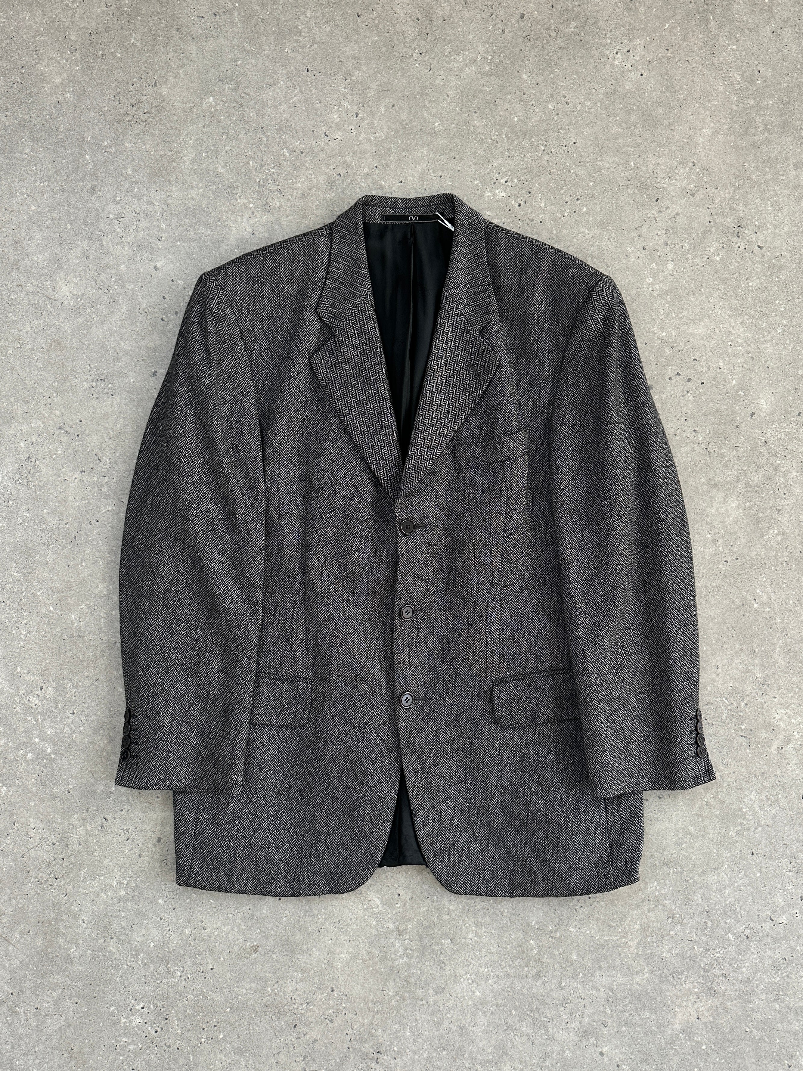 Valentino Pure Cashmere Herringbone Single Breasted Blazer in size 40R/XL, showing the tailored fit and classic herringbone pattern.