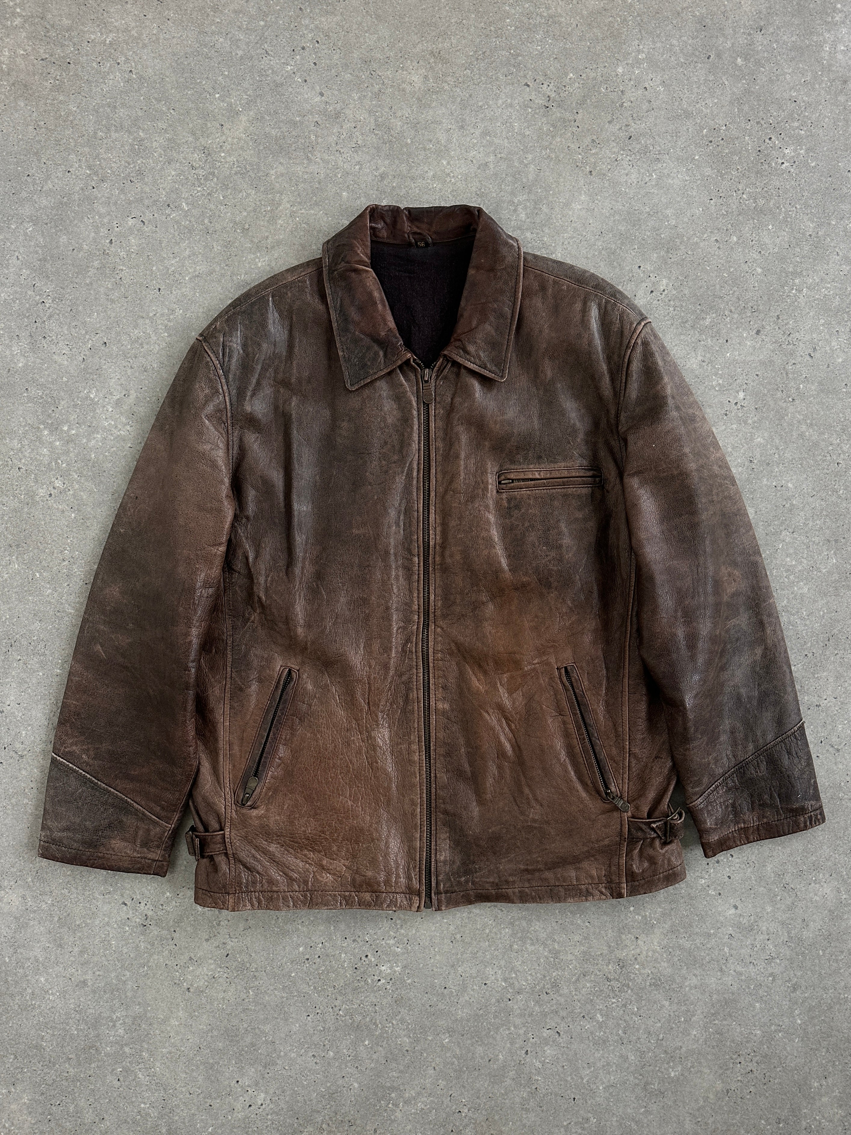 Vintage 1990s aged leather jacket in XL size, featuring a classic rugged design and distressed brown leather from the Vintage brand.