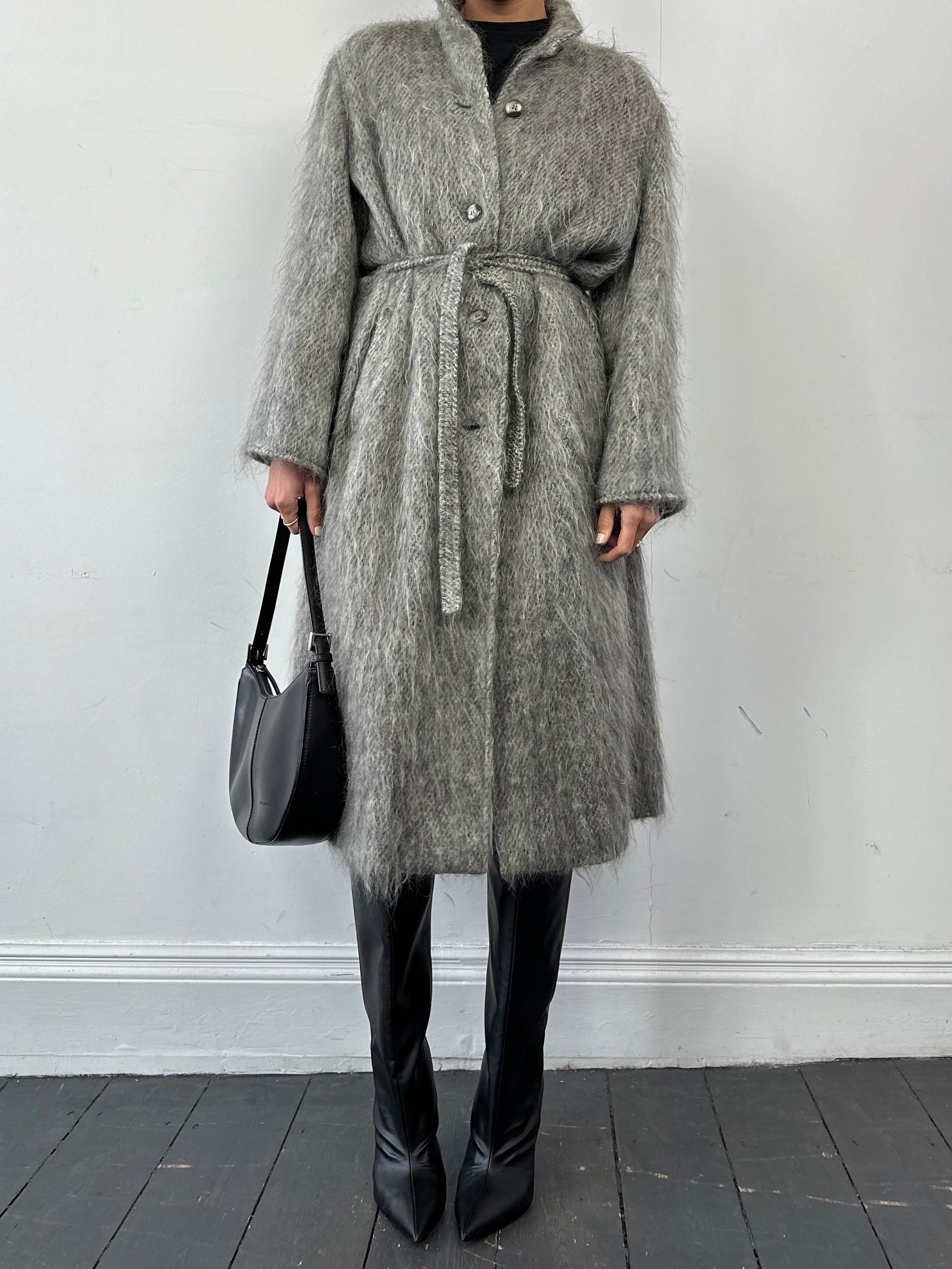 Jaeger mohair wool fuzzy belted coat in size L, showcasing a soft, textured fabric with a belt and classic coat silhouette.