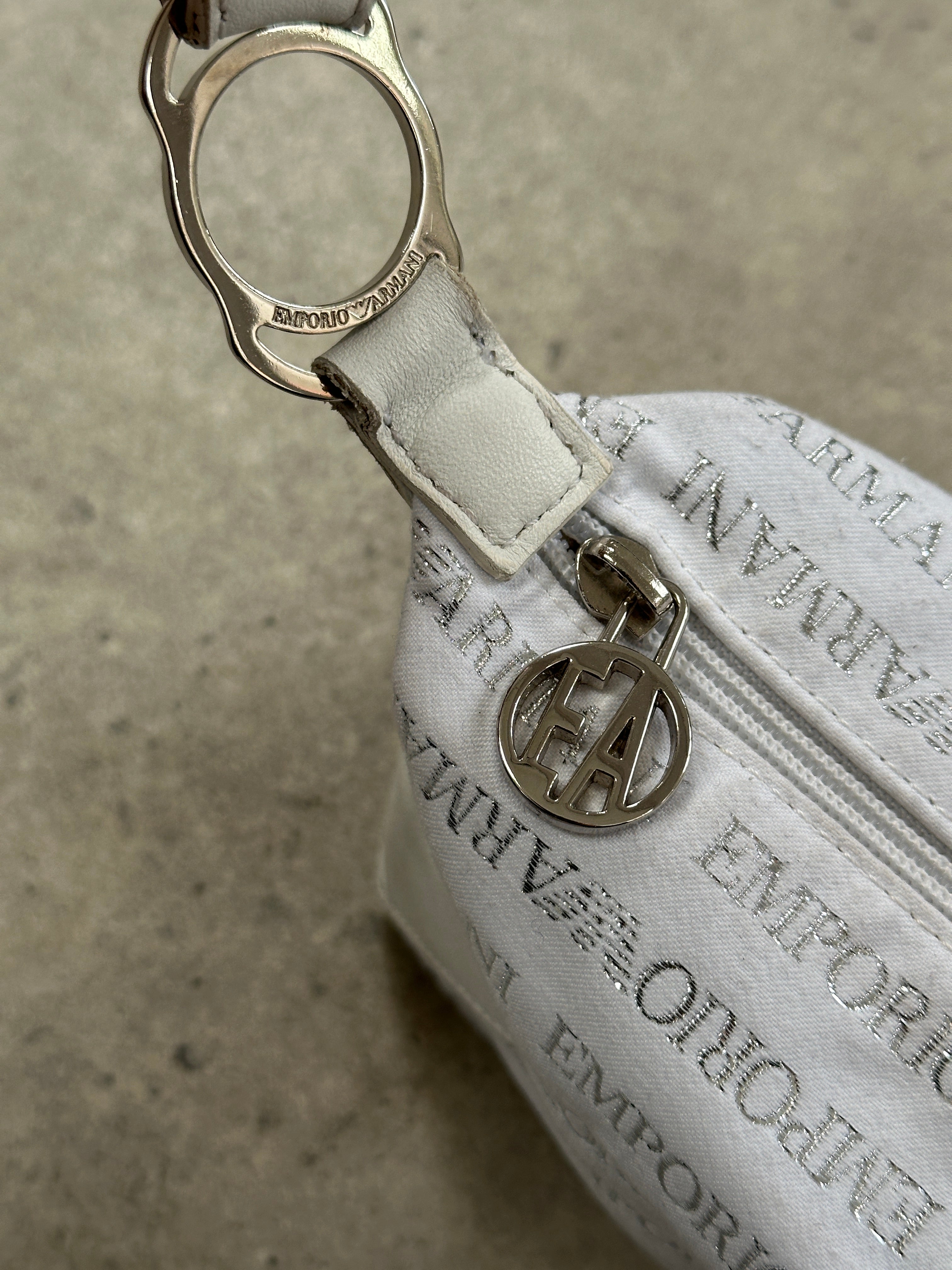 Emporio Armani Monogram Shoulder Bag showing black leather with signature monogram pattern and silver-tone hardware.