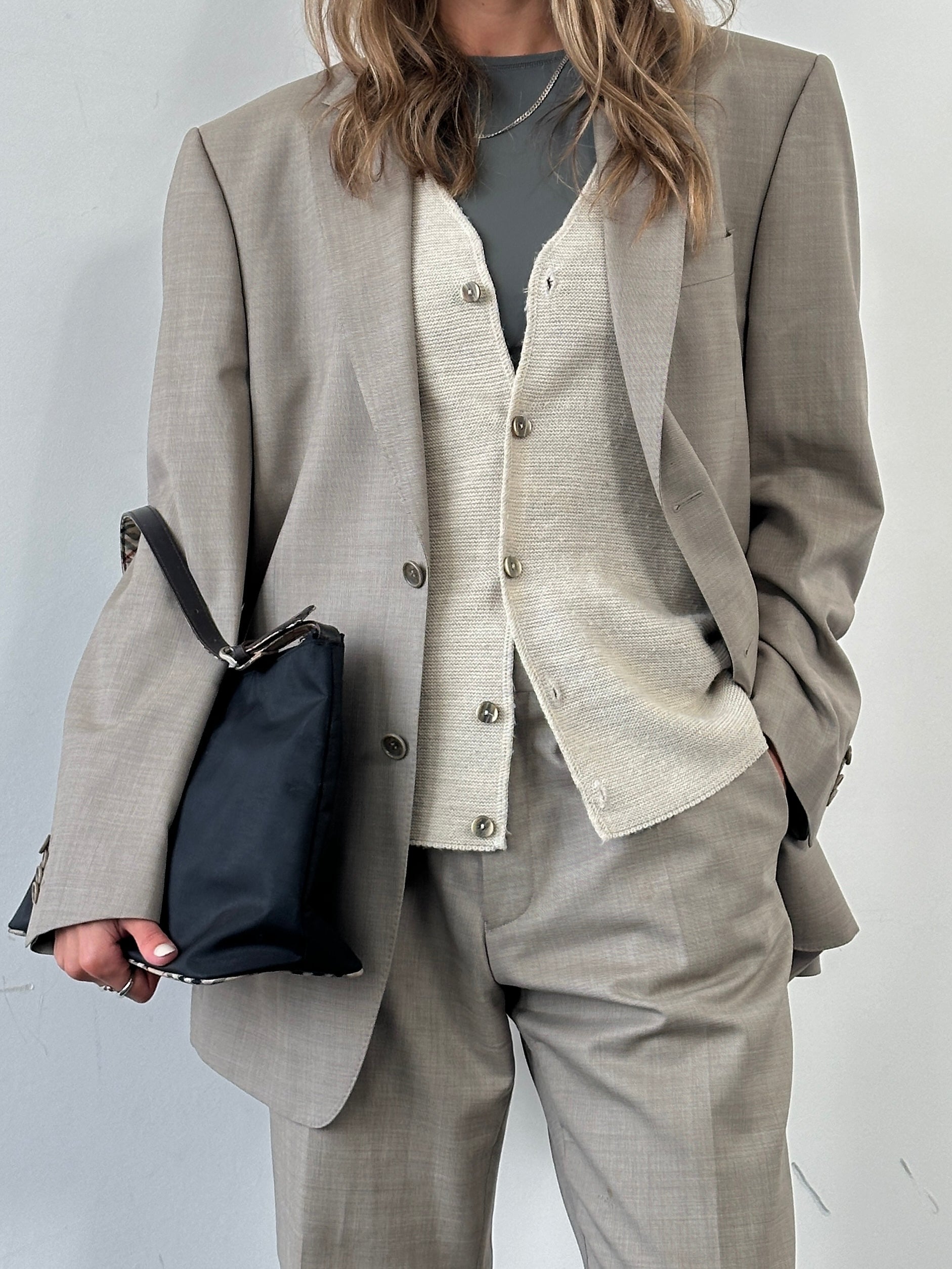 Balmain Homme wool silk single-breasted suit jumpsuit, size 42R/W34, featuring a tailored fit and classic style.