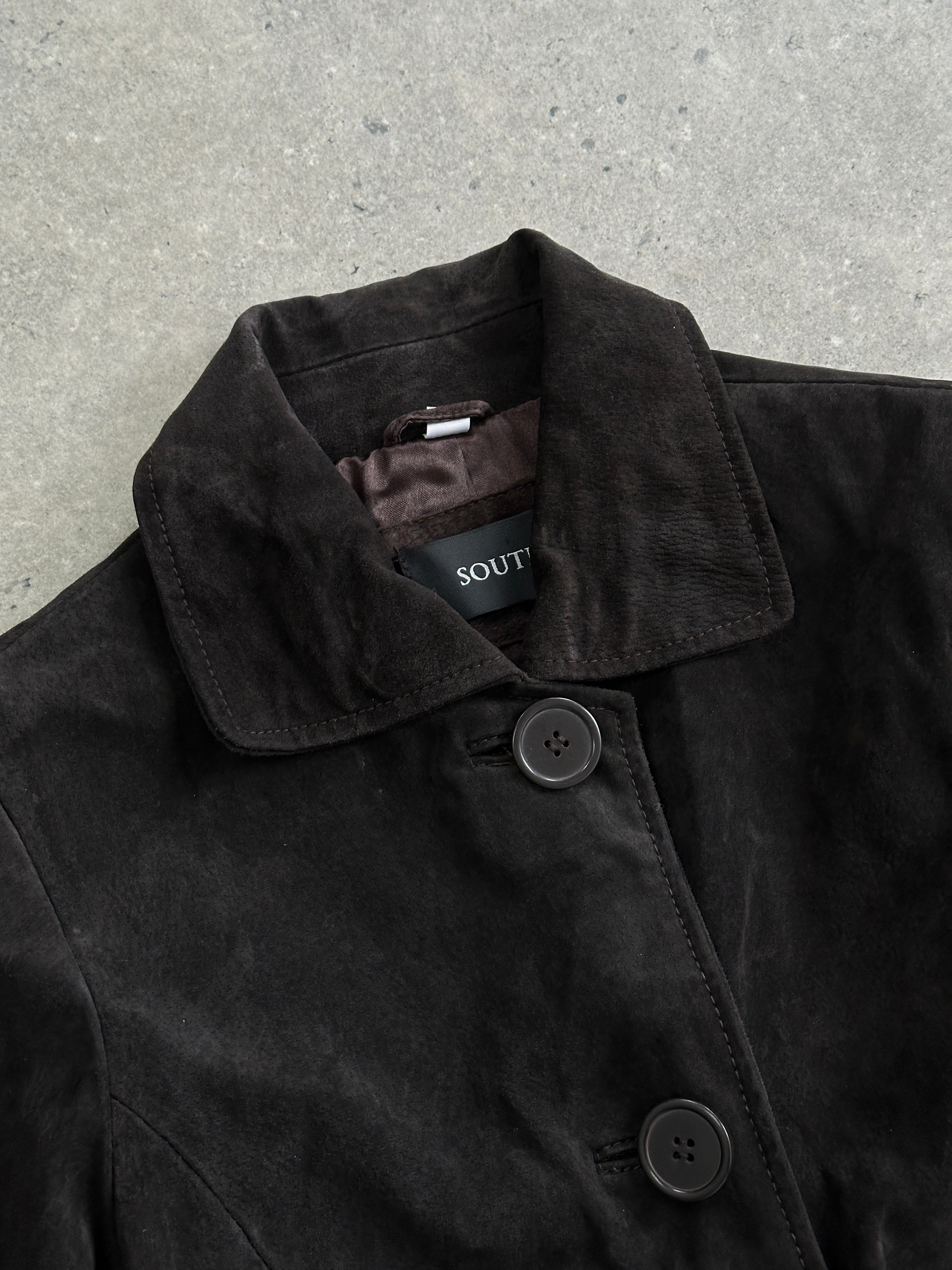 Vintage suede trench coat in size small, stylish men's jacket with classic design and soft textured suede material.