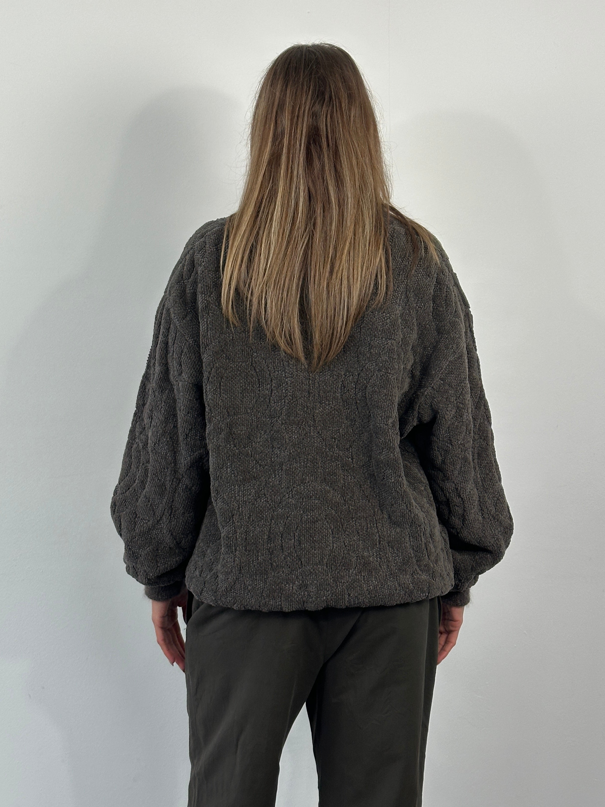 Vintage 1980s cotton knit bomber jacket in XL with classic design, featuring ribbed cuffs and a front zipper.